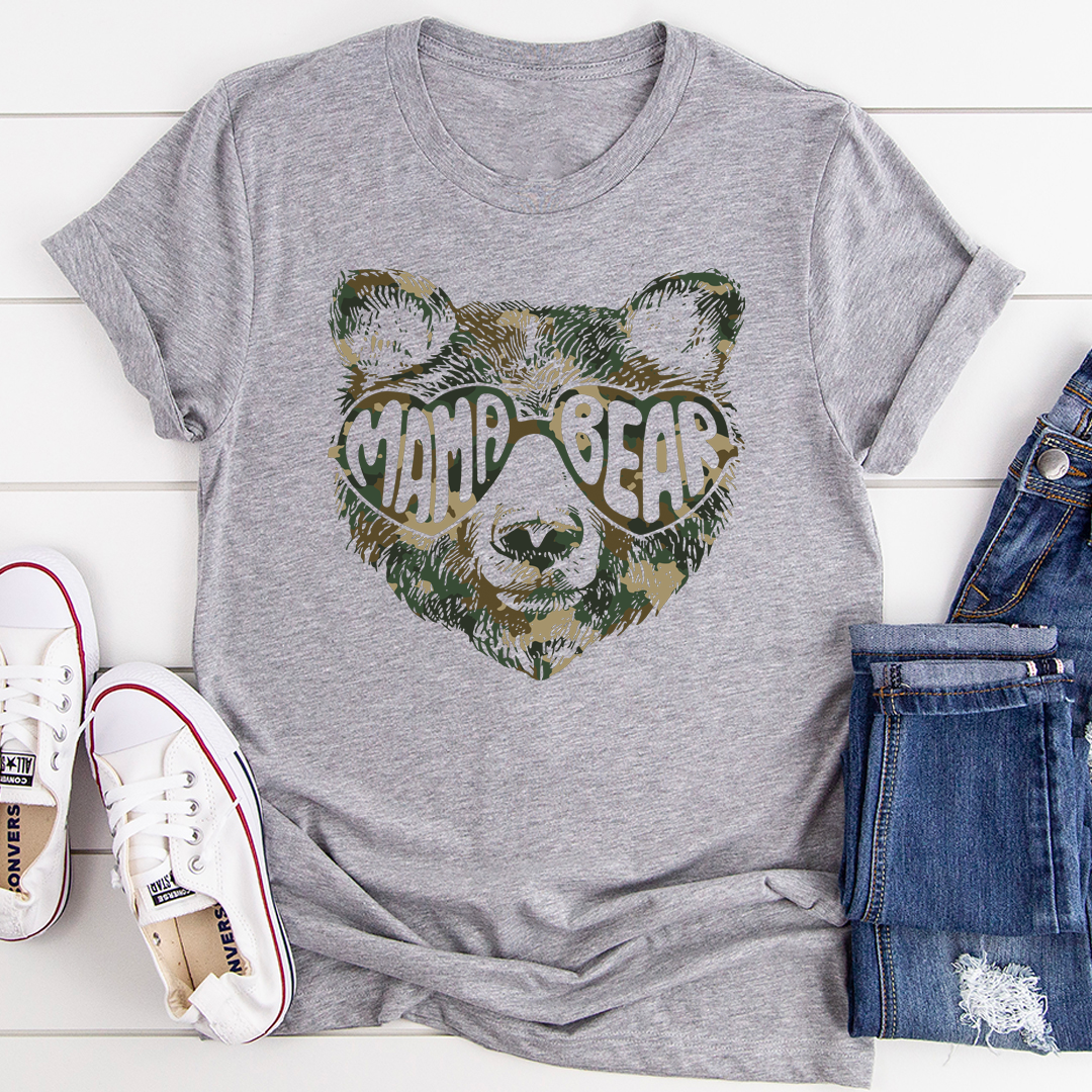 Mama Bear T-Shirt made from soft ring-spun cotton, featuring double stitching for durability, available in various sizes.