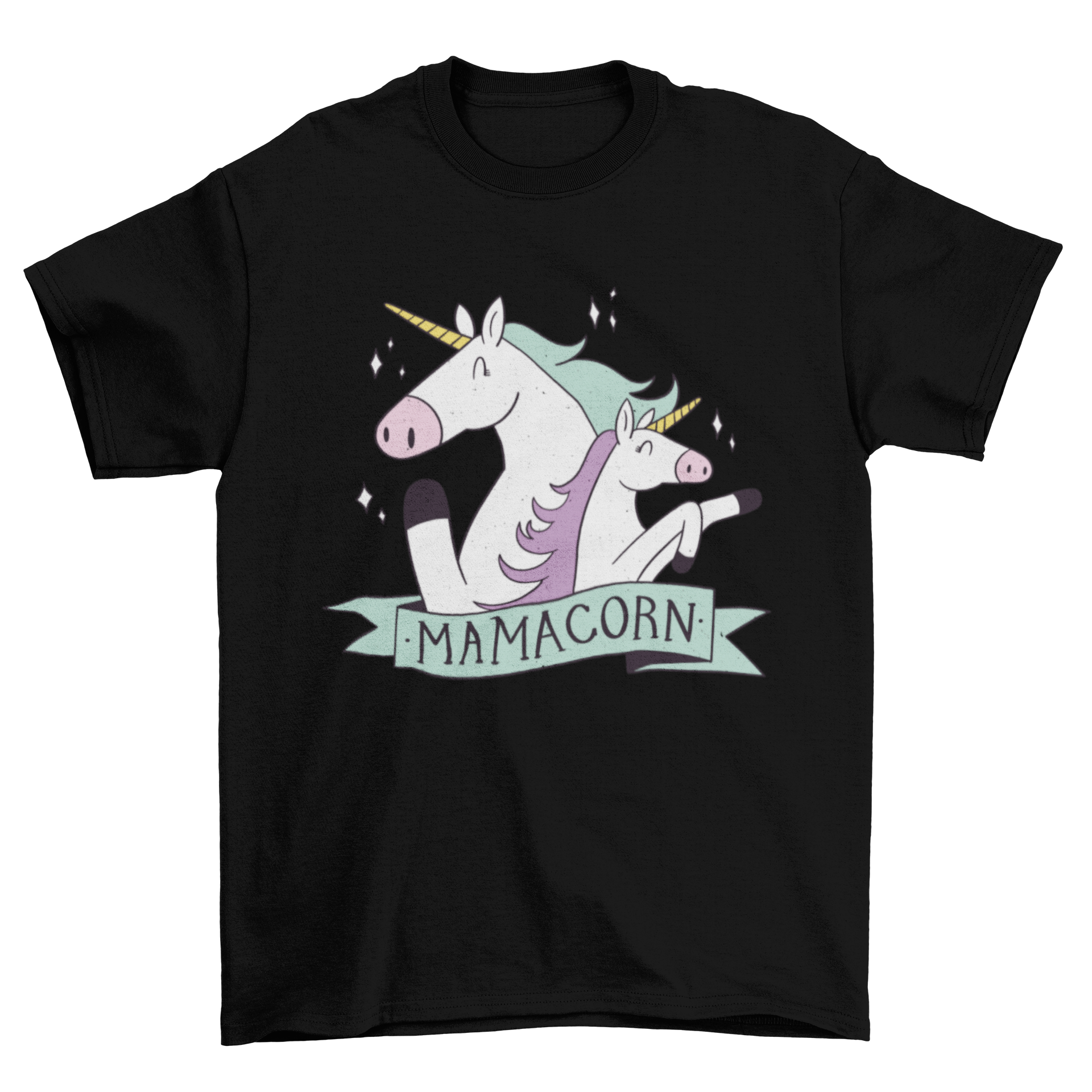 Mama unicorn t-shirt featuring two cute unicorns and the word 'Mamacorn' in vibrant colors.