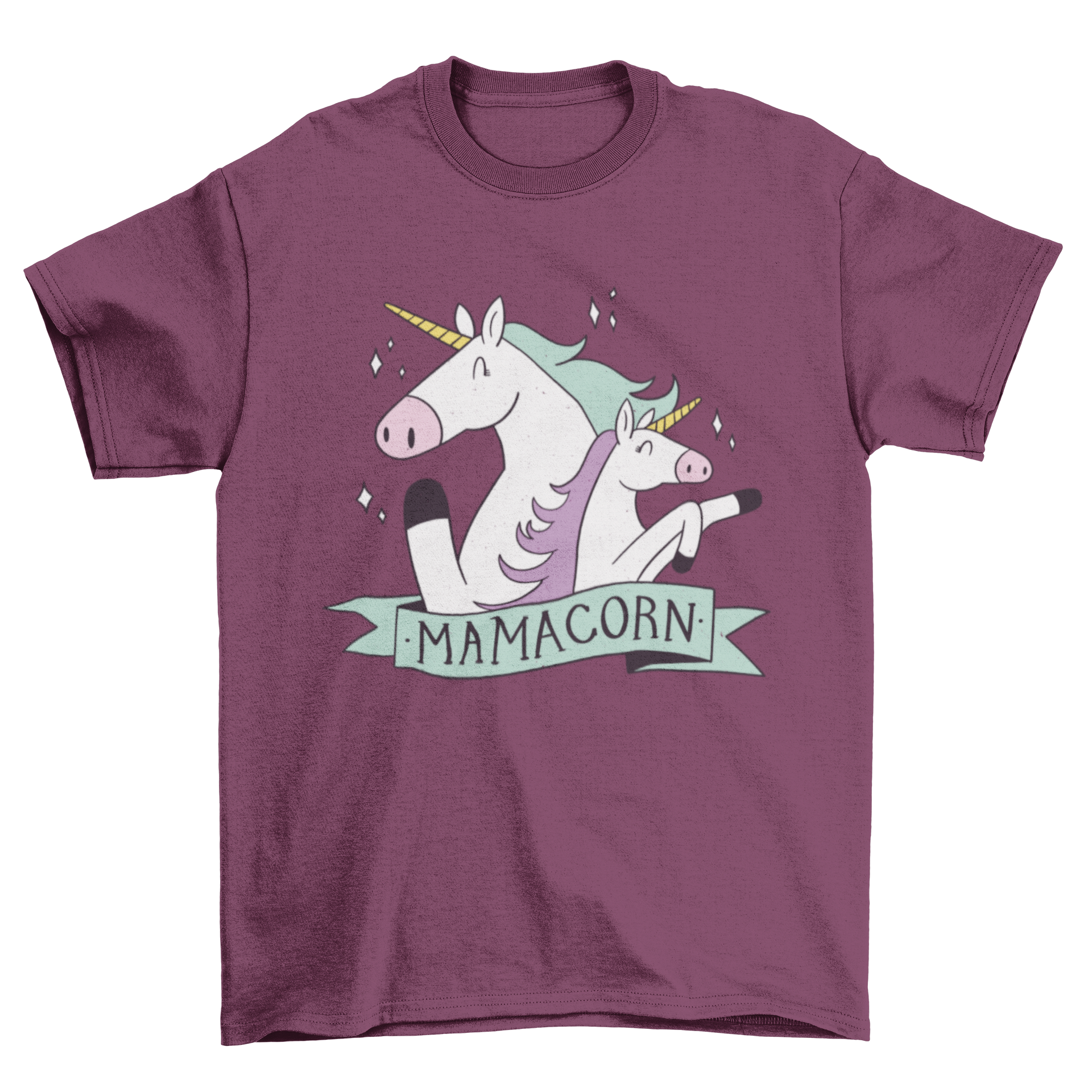 Mama unicorn t-shirt featuring two cute unicorns and the word 'Mamacorn' in vibrant colors.