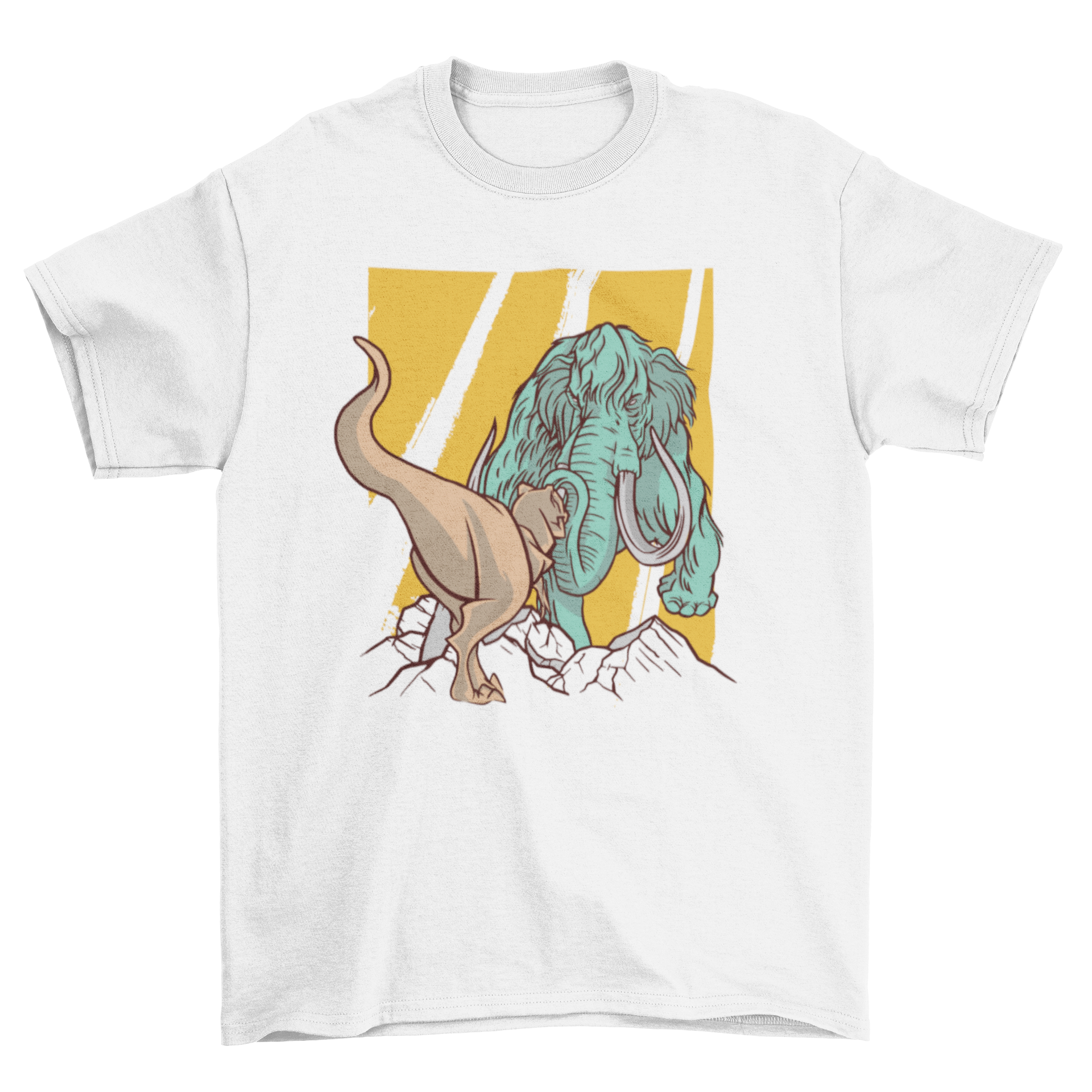 Mammoth vs T-Rex t-shirt featuring a colorful design of a mammoth and a T-Rex.