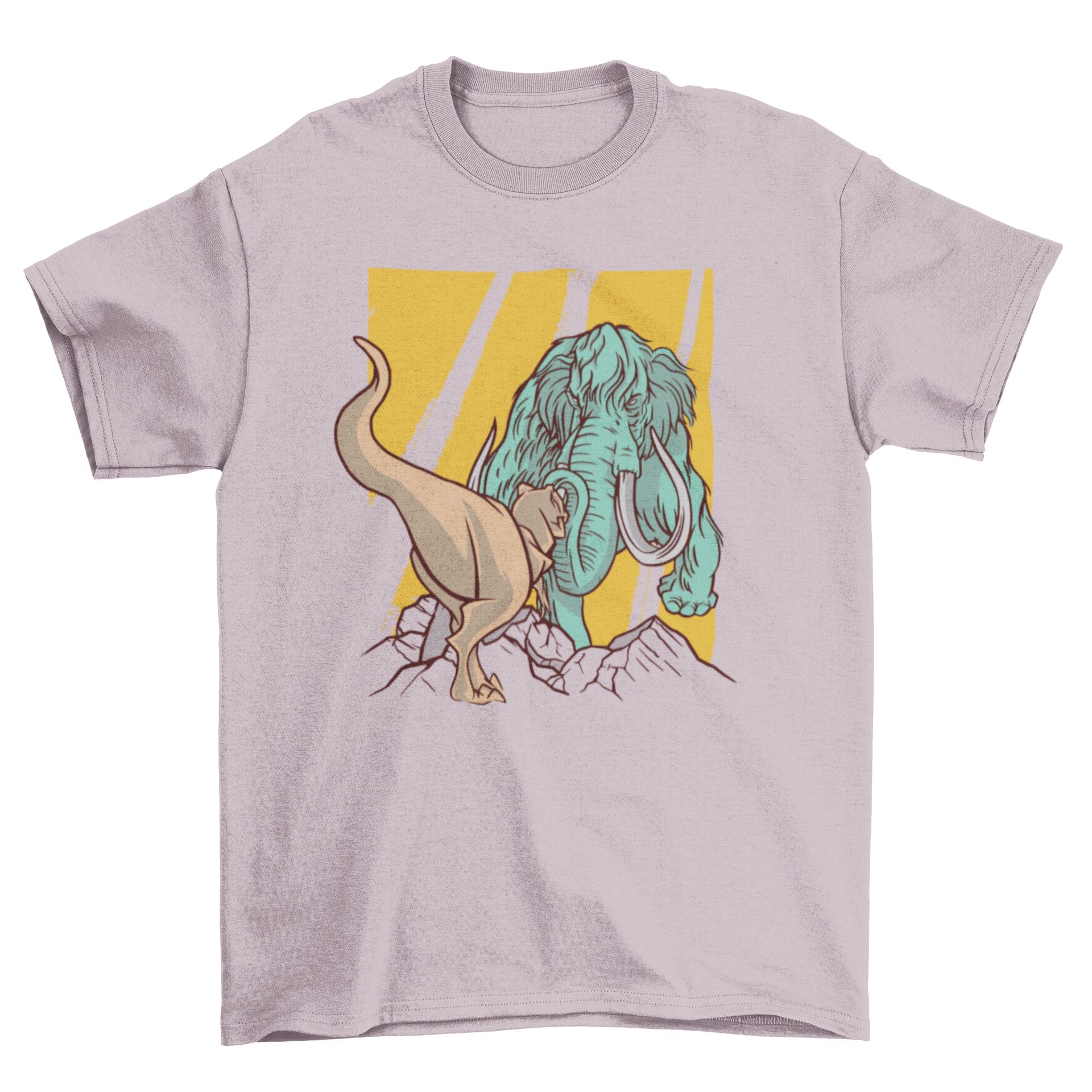 Mammoth vs T-Rex t-shirt featuring a colorful design of a mammoth and a T-Rex.