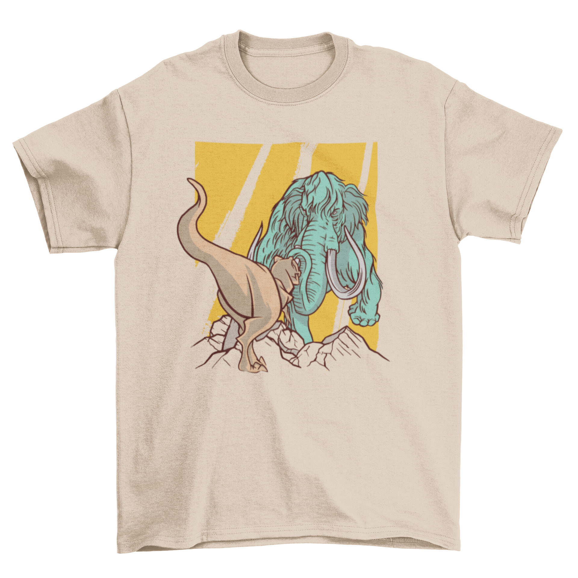 Mammoth vs T-Rex t-shirt featuring a colorful design of a mammoth and a T-Rex.