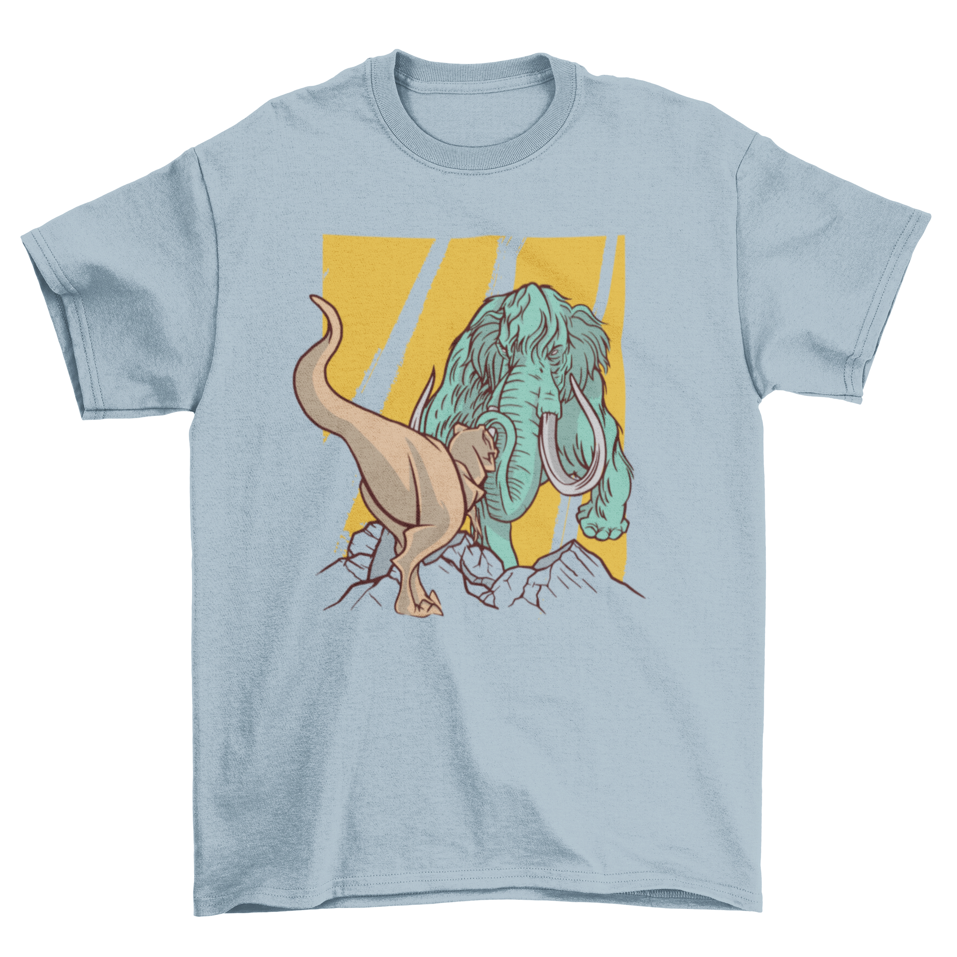 Mammoth vs T-Rex t-shirt featuring a colorful design of a mammoth and a T-Rex.