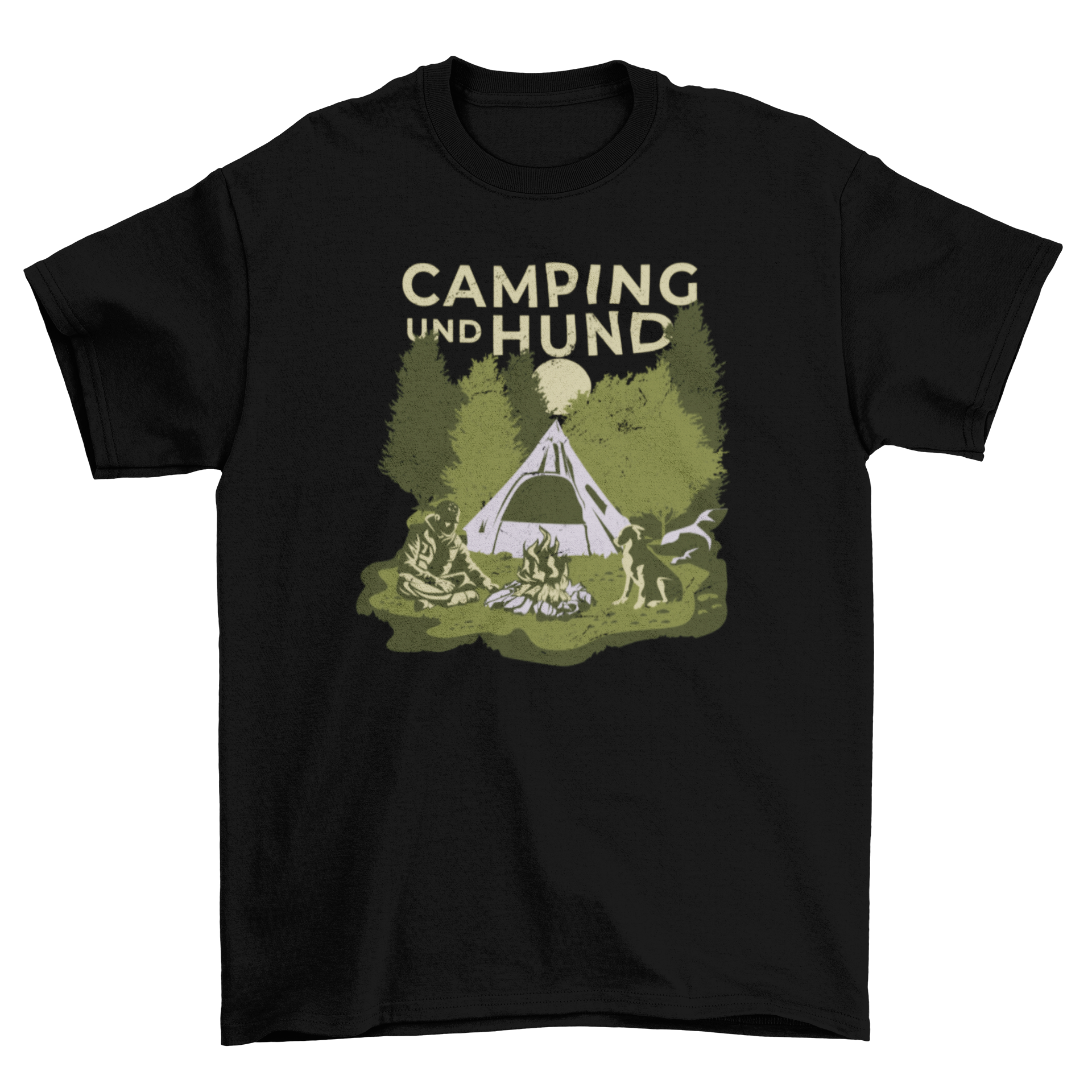 A stylish t-shirt featuring a campsite design and a German quote about camping and dogs.