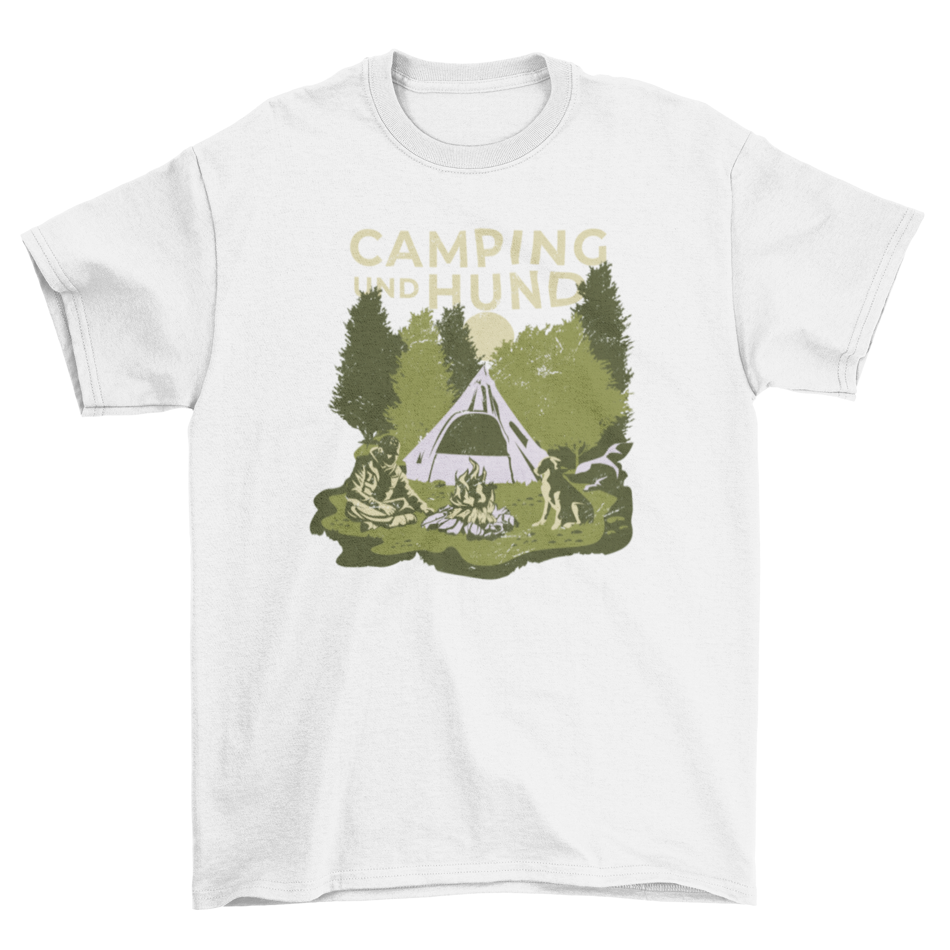 A stylish t-shirt featuring a campsite design and a German quote about camping and dogs.