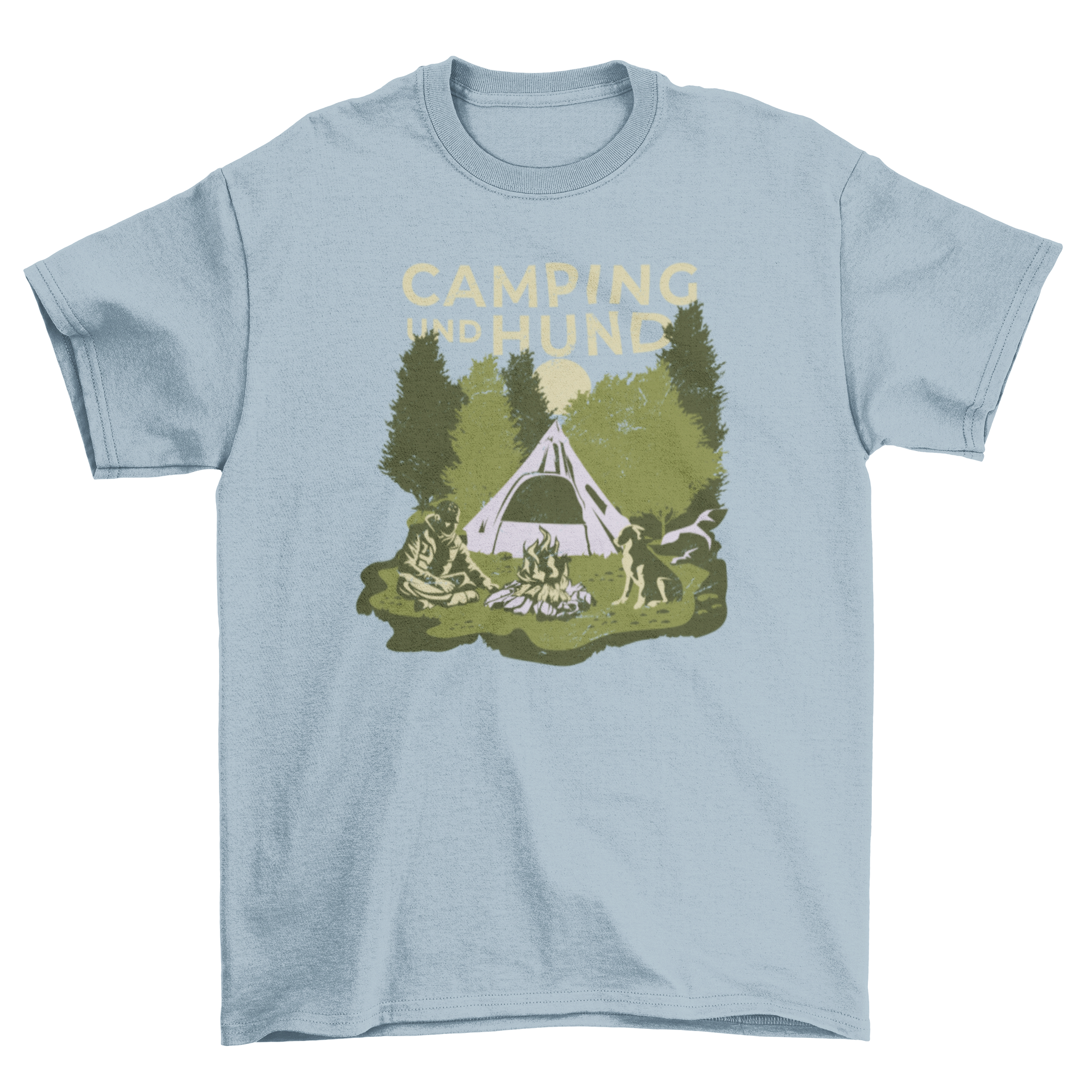 A stylish t-shirt featuring a campsite design and a German quote about camping and dogs.