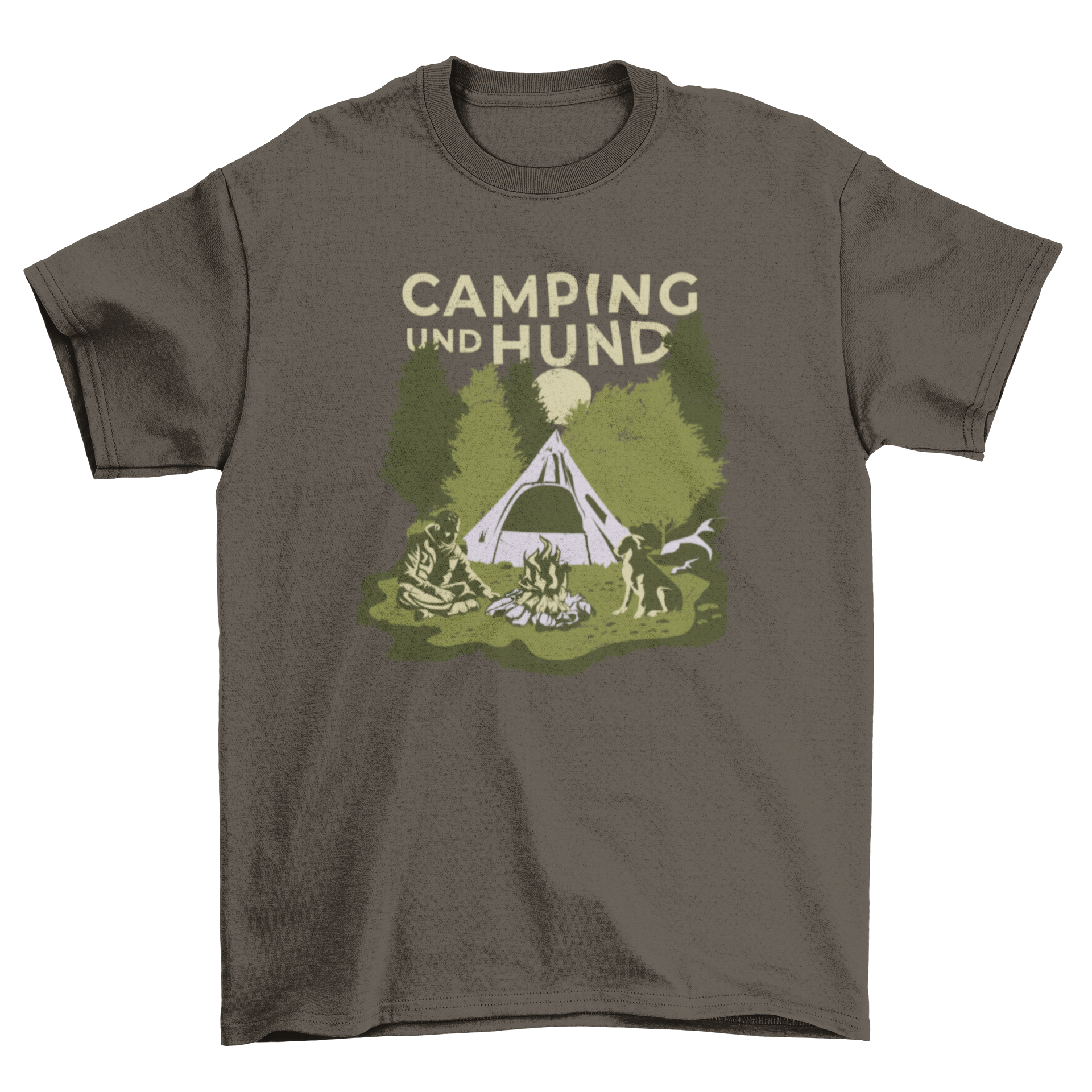 A stylish t-shirt featuring a campsite design and a German quote about camping and dogs.