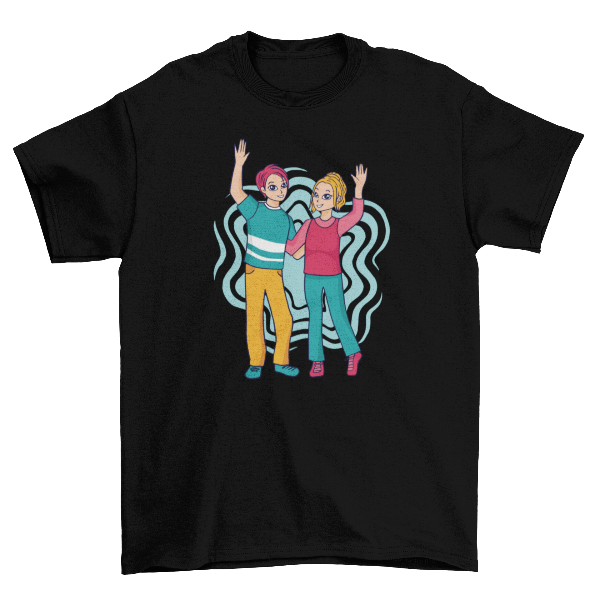 A stylish t-shirt featuring a man and woman lifting their hands together in a loving embrace.