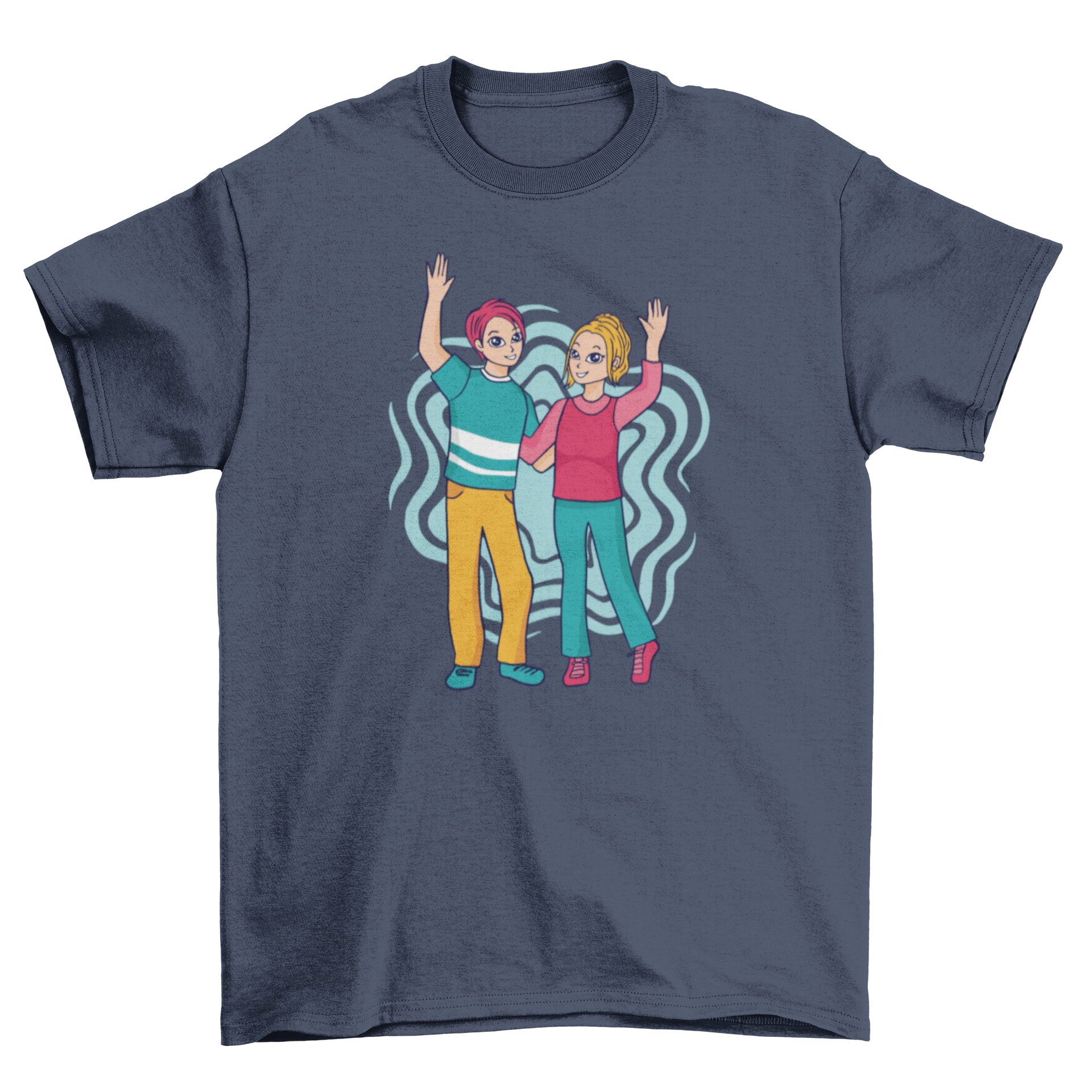 A stylish t-shirt featuring a man and woman lifting their hands together in a loving embrace.