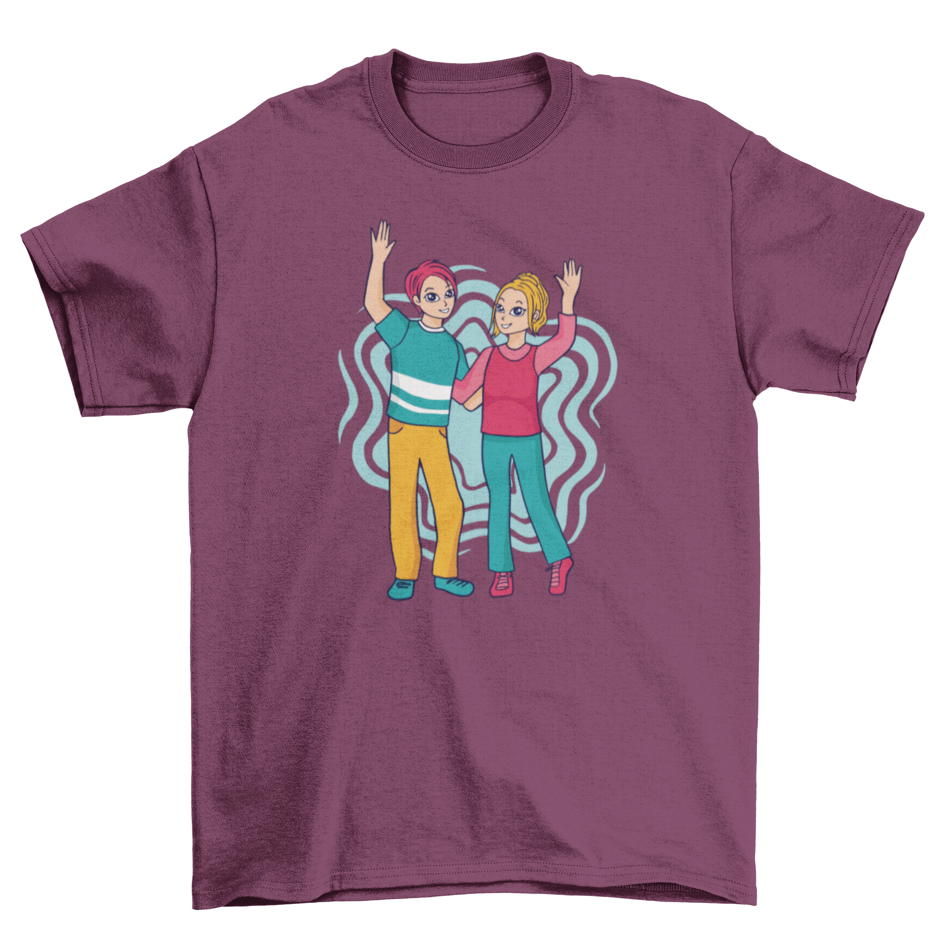 A stylish t-shirt featuring a man and woman lifting their hands together in a loving embrace.