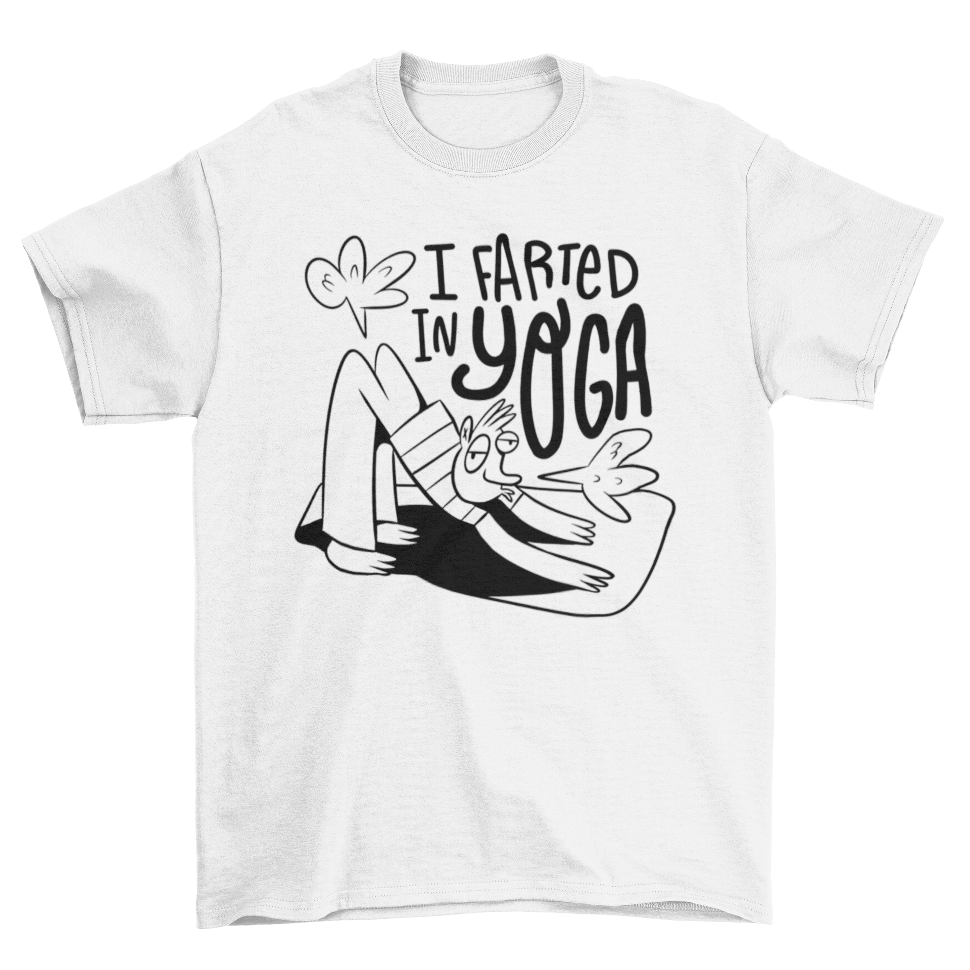 Funny cartoon t-shirt featuring a man in a yoga pose with humorous quote.