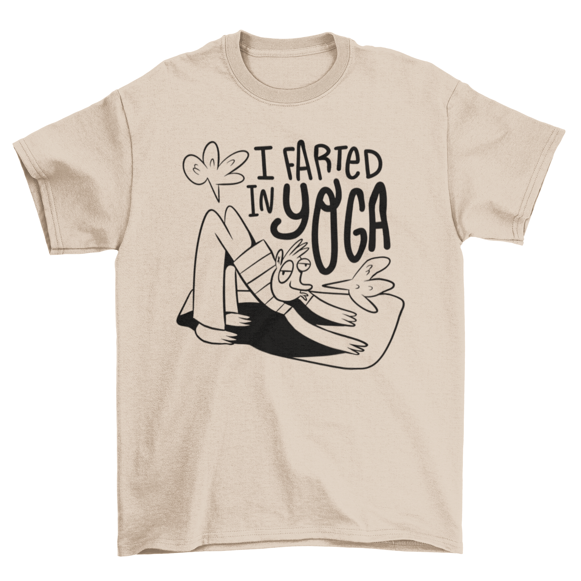 Funny cartoon t-shirt featuring a man in a yoga pose with humorous quote.