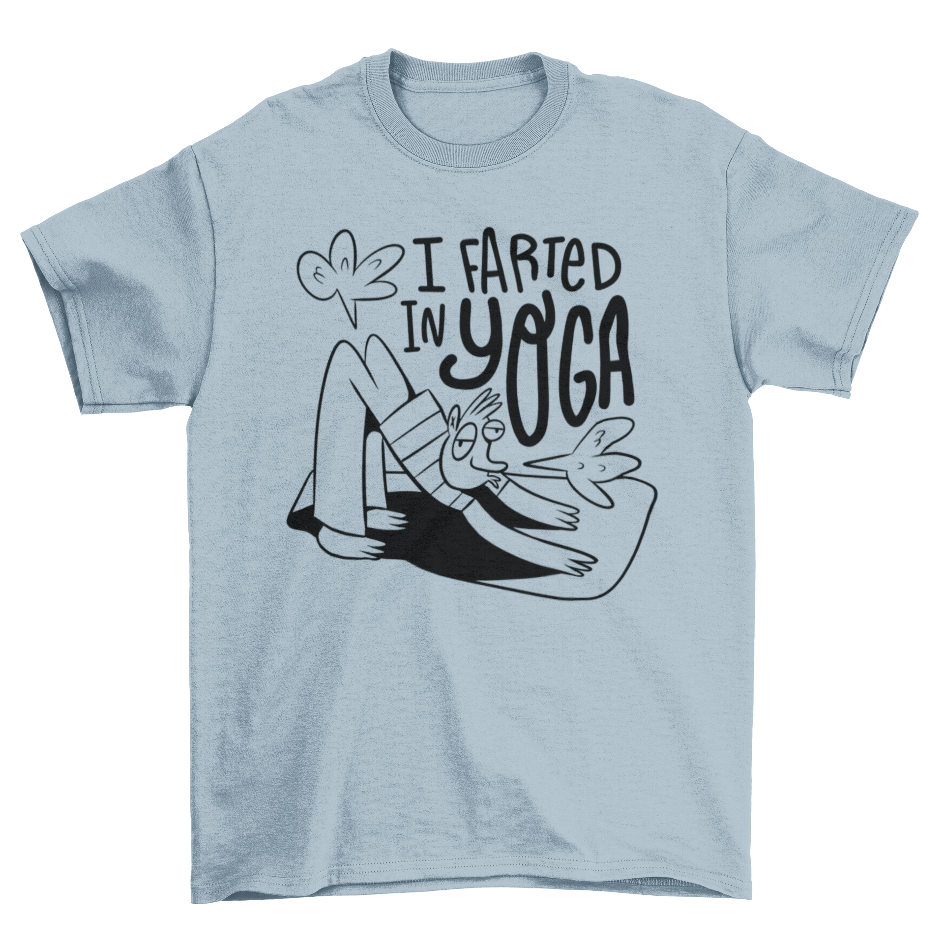 Funny cartoon t-shirt featuring a man in a yoga pose with humorous quote.