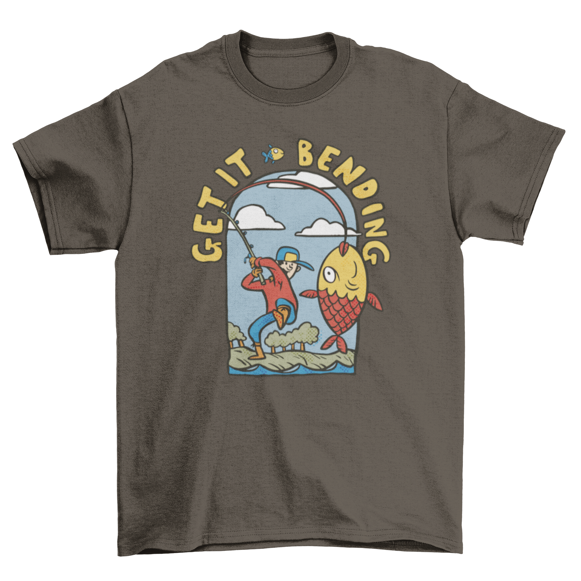 A cartoon t-shirt featuring a man fishing with a fish and the quote 'Get it bending'.