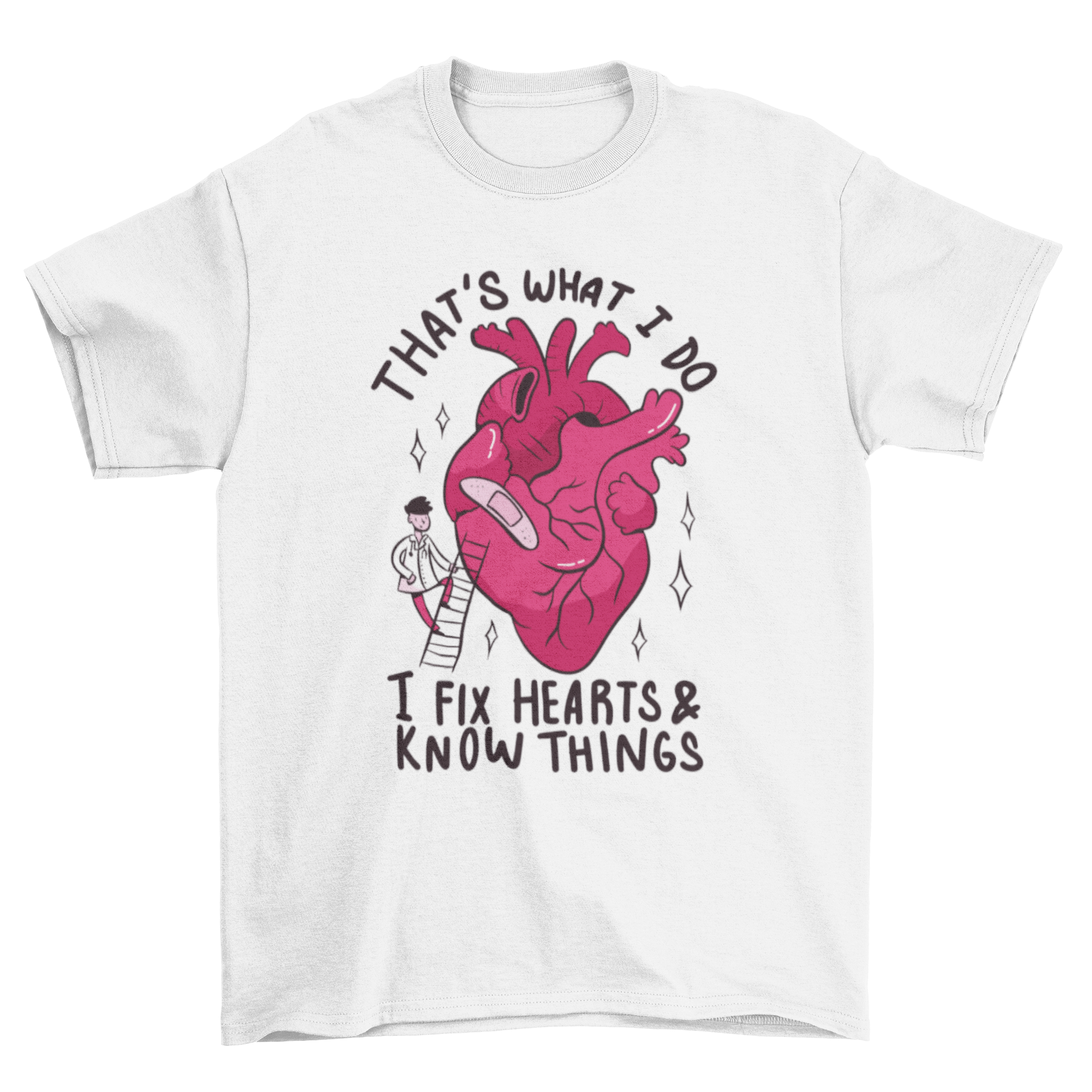 A cartoon t-shirt featuring a man applying a bandage to a heart with a humorous quote.