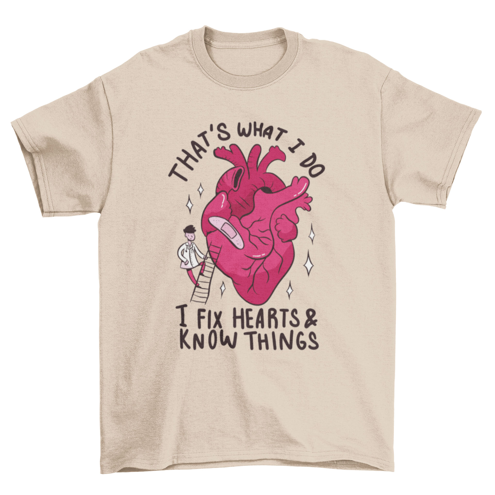 A cartoon t-shirt featuring a man applying a bandage to a heart with a humorous quote.