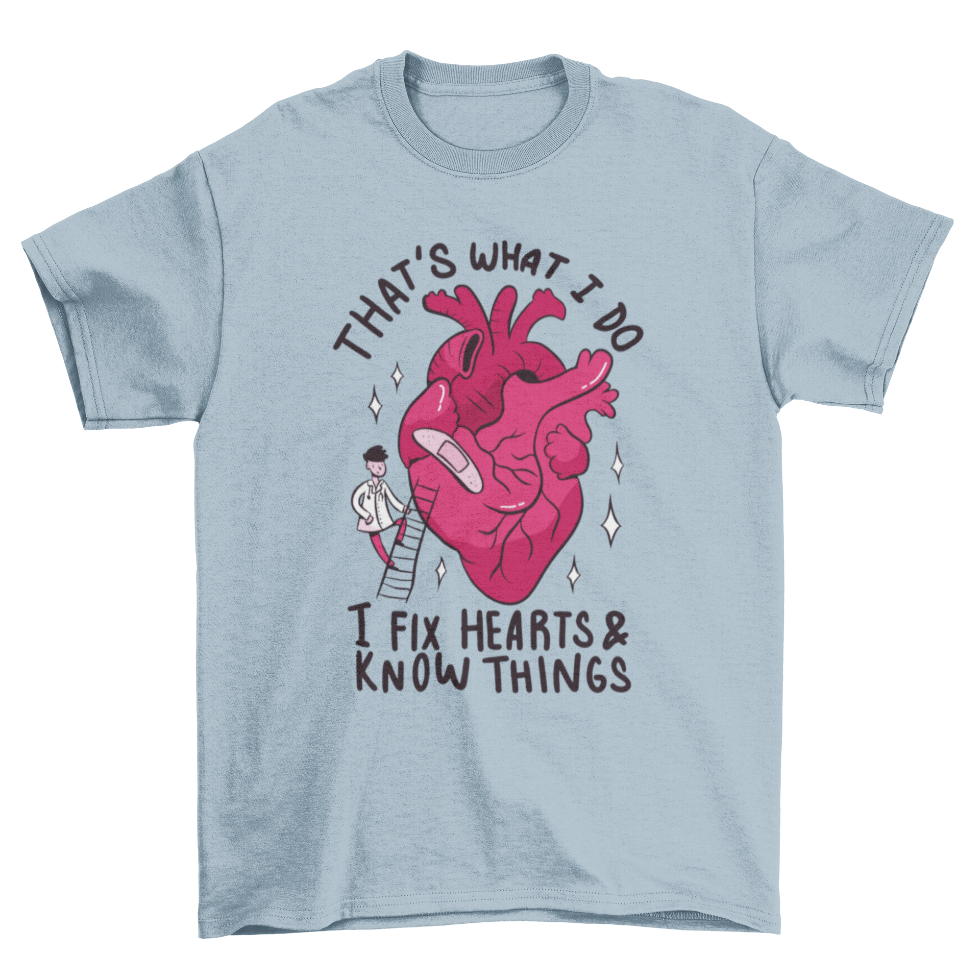 A cartoon t-shirt featuring a man applying a bandage to a heart with a humorous quote.