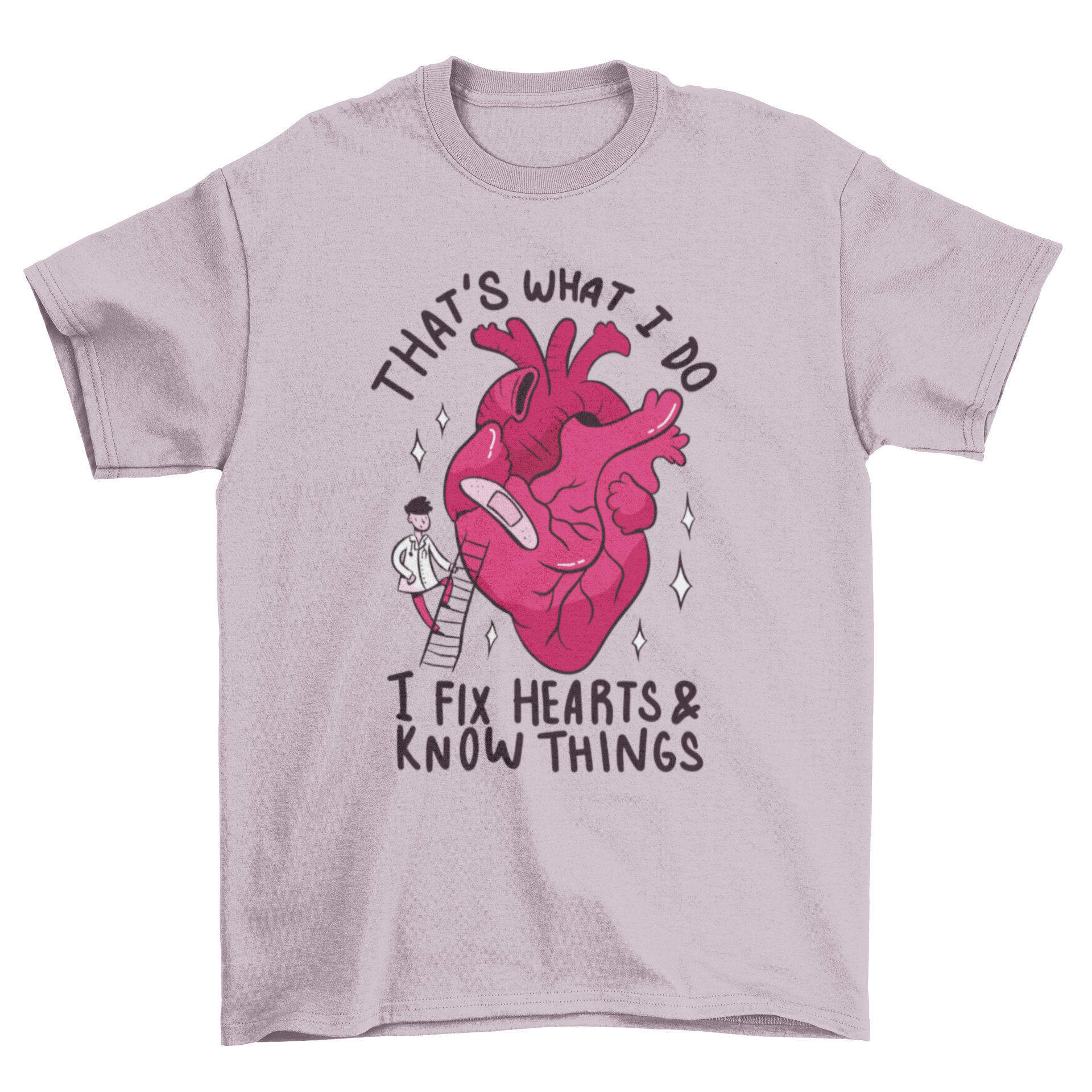 A cartoon t-shirt featuring a man applying a bandage to a heart with a humorous quote.