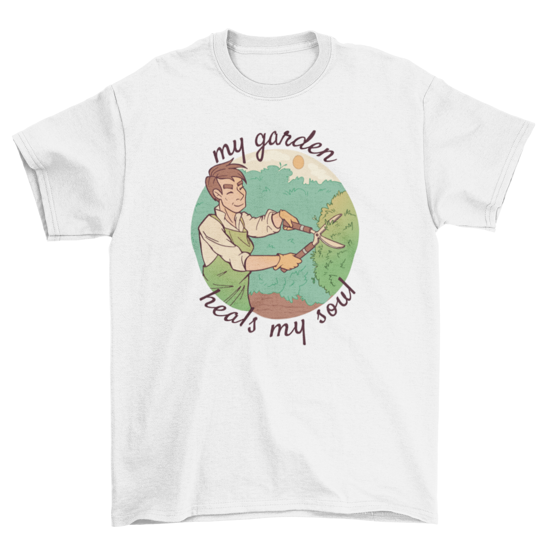 A stylish t-shirt featuring a man gardening with the quote 'My garden heals my soul' printed on it.