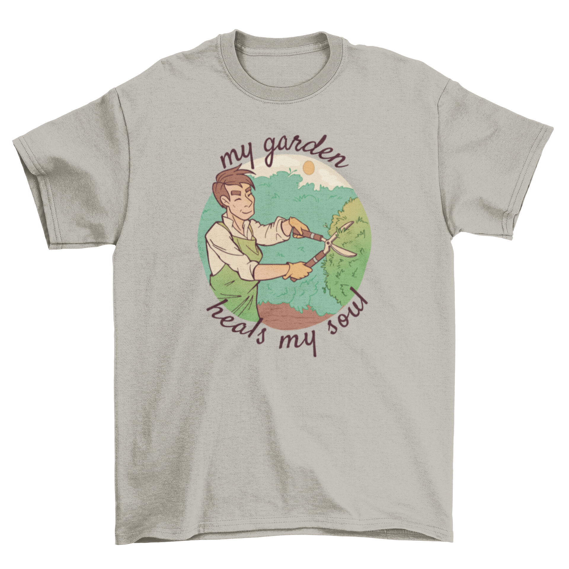 A stylish t-shirt featuring a man gardening with the quote 'My garden heals my soul' printed on it.