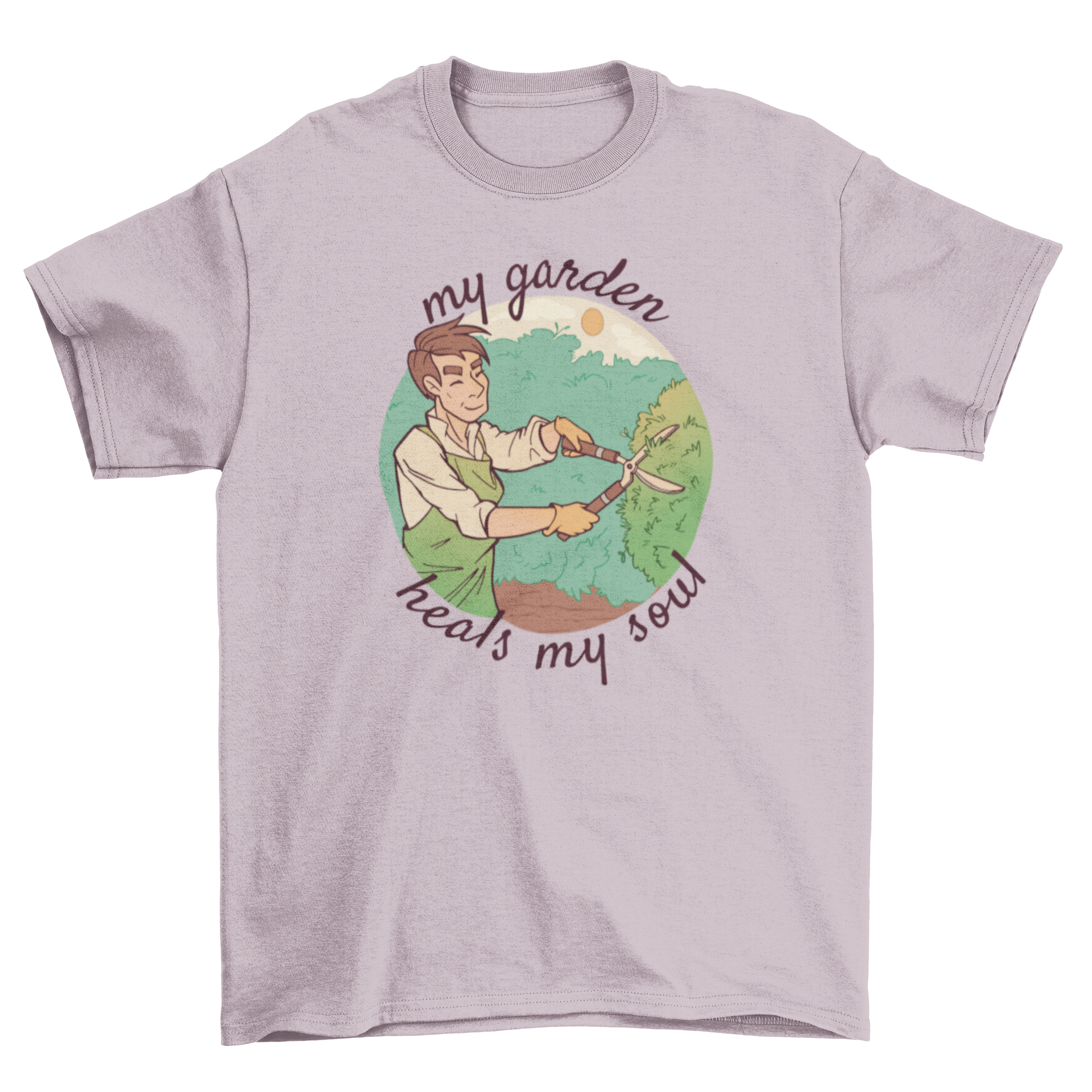 A stylish t-shirt featuring a man gardening with the quote 'My garden heals my soul' printed on it.