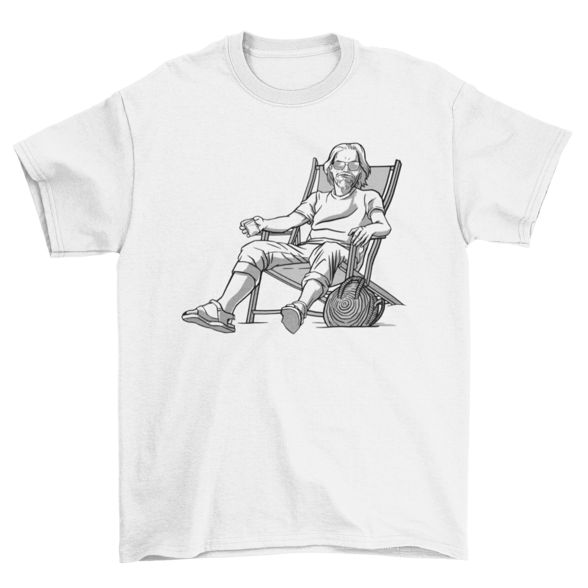 Black and white t-shirt featuring a man sitting on a beach chair, showcasing a relaxed beach lifestyle.