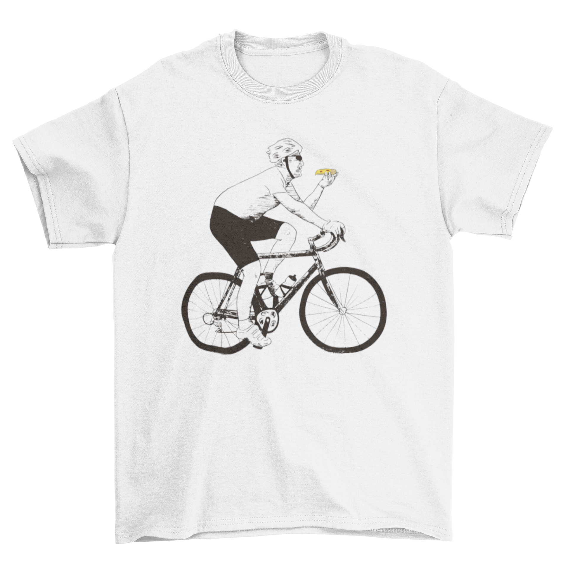 A fun t-shirt featuring a graphic of a man riding a bicycle while eating a slice of pizza, showcasing a playful design.