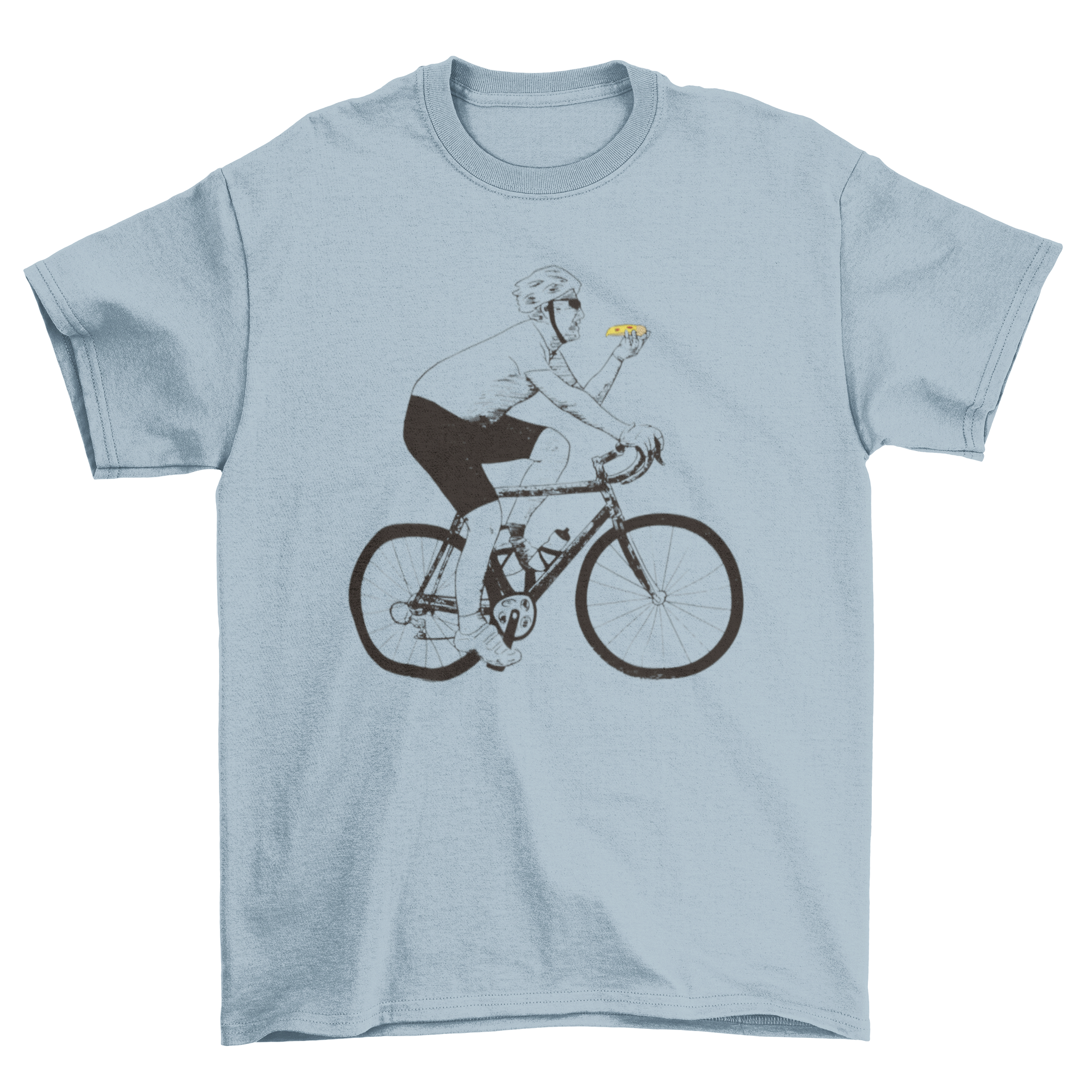 A fun t-shirt featuring a graphic of a man riding a bicycle while eating a slice of pizza, showcasing a playful design.