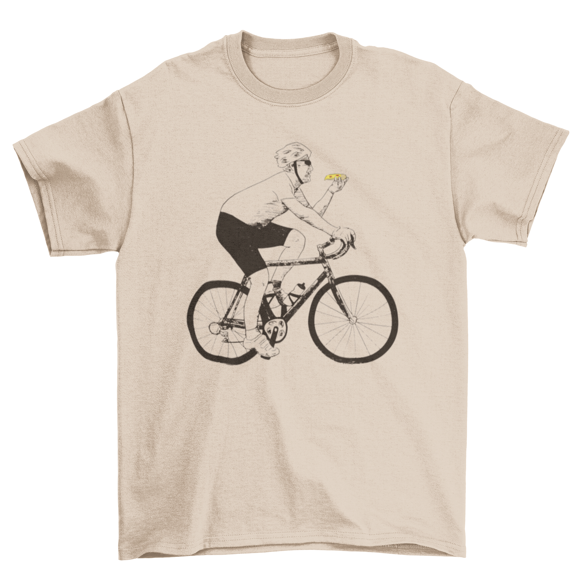 A fun t-shirt featuring a graphic of a man riding a bicycle while eating a slice of pizza, showcasing a playful design.