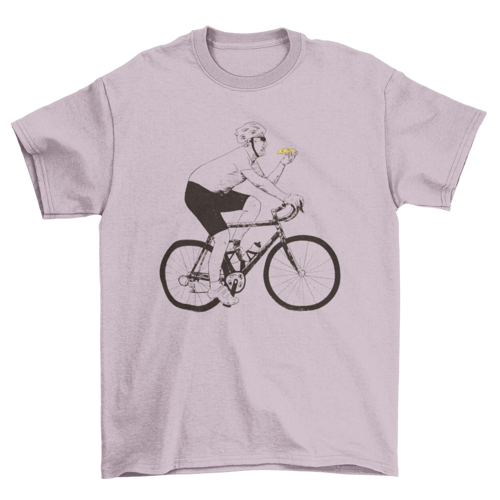 A fun t-shirt featuring a graphic of a man riding a bicycle while eating a slice of pizza, showcasing a playful design.