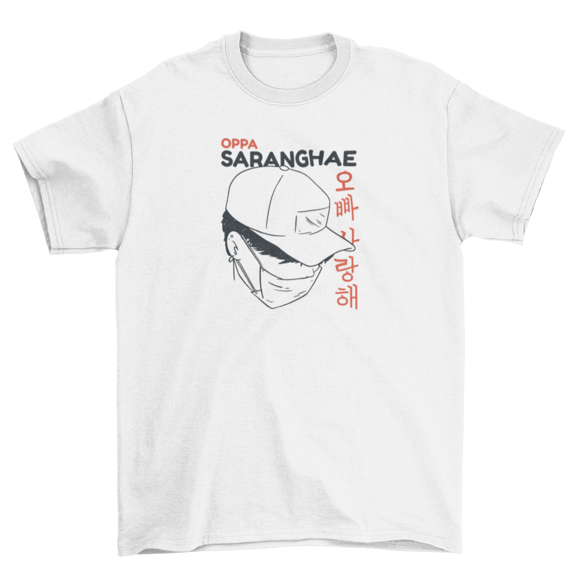 A stylish t-shirt featuring a man in a hat and face mask, with a Korean quote that means 'Love you brother'.