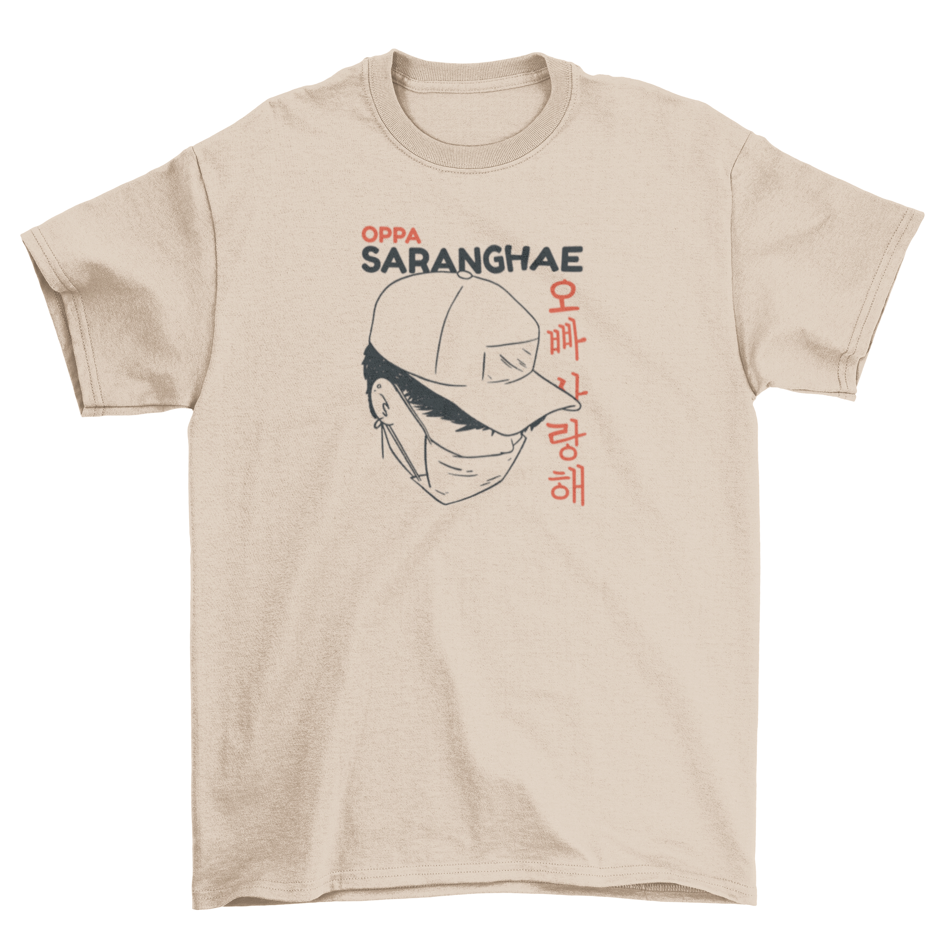 A stylish t-shirt featuring a man in a hat and face mask, with a Korean quote that means 'Love you brother'.