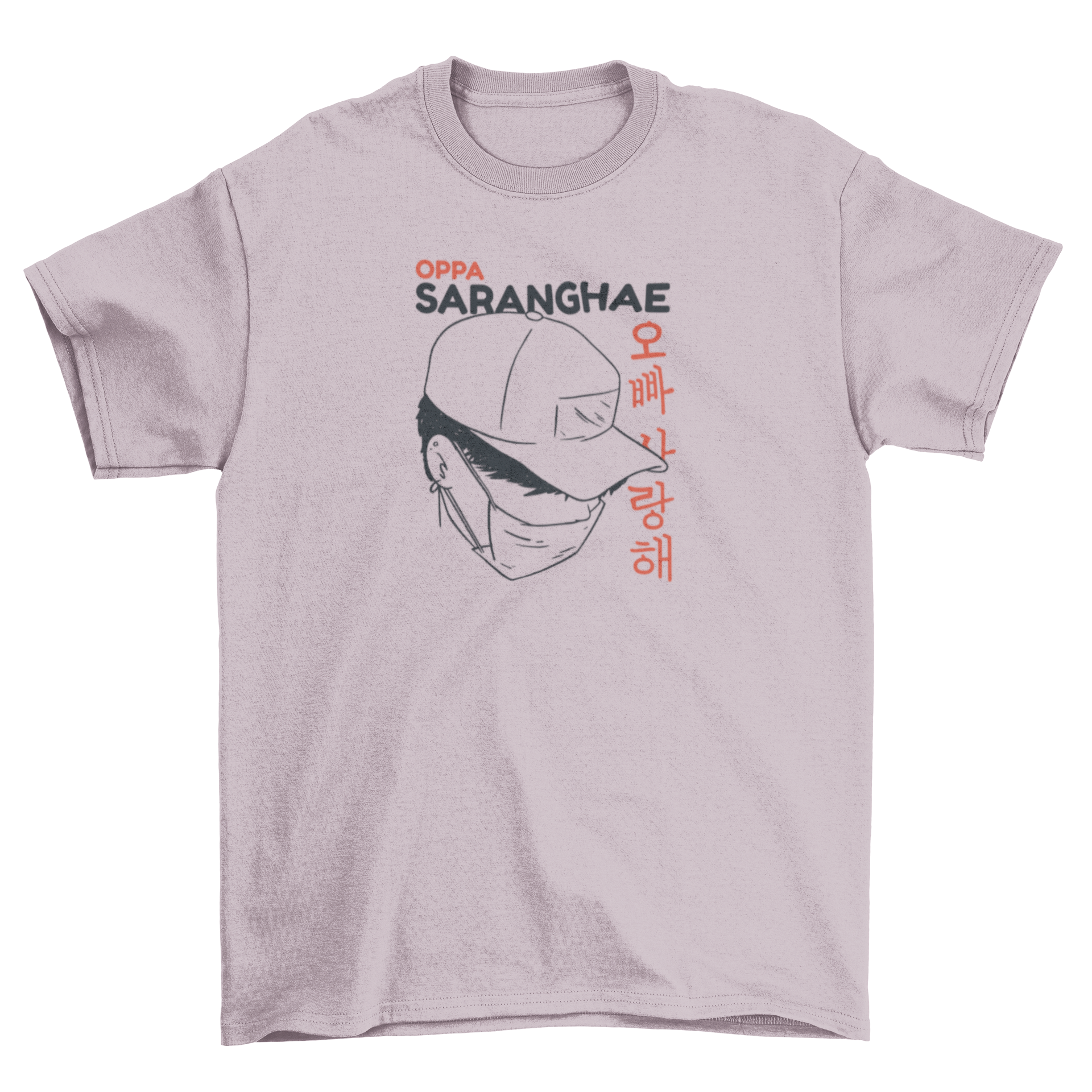 A stylish t-shirt featuring a man in a hat and face mask, with a Korean quote that means 'Love you brother'.