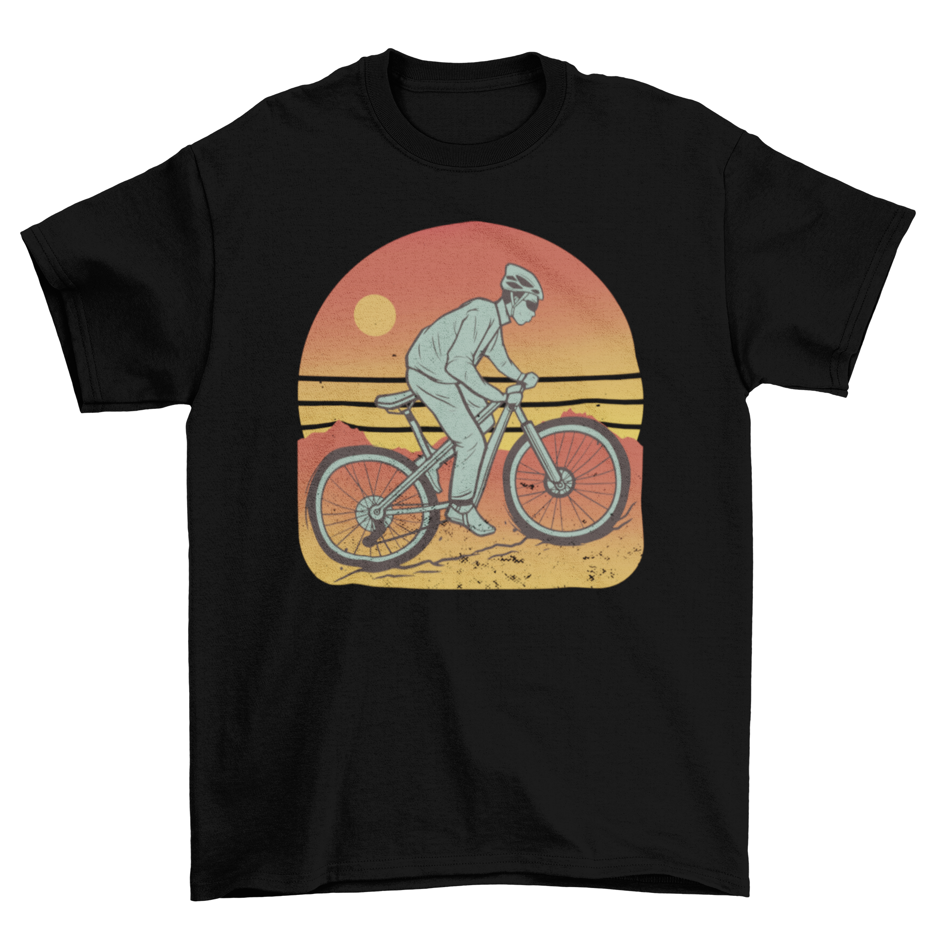 A stylish mountain bike t-shirt featuring a graphic of a man riding a mountain bike, perfect for biking enthusiasts.