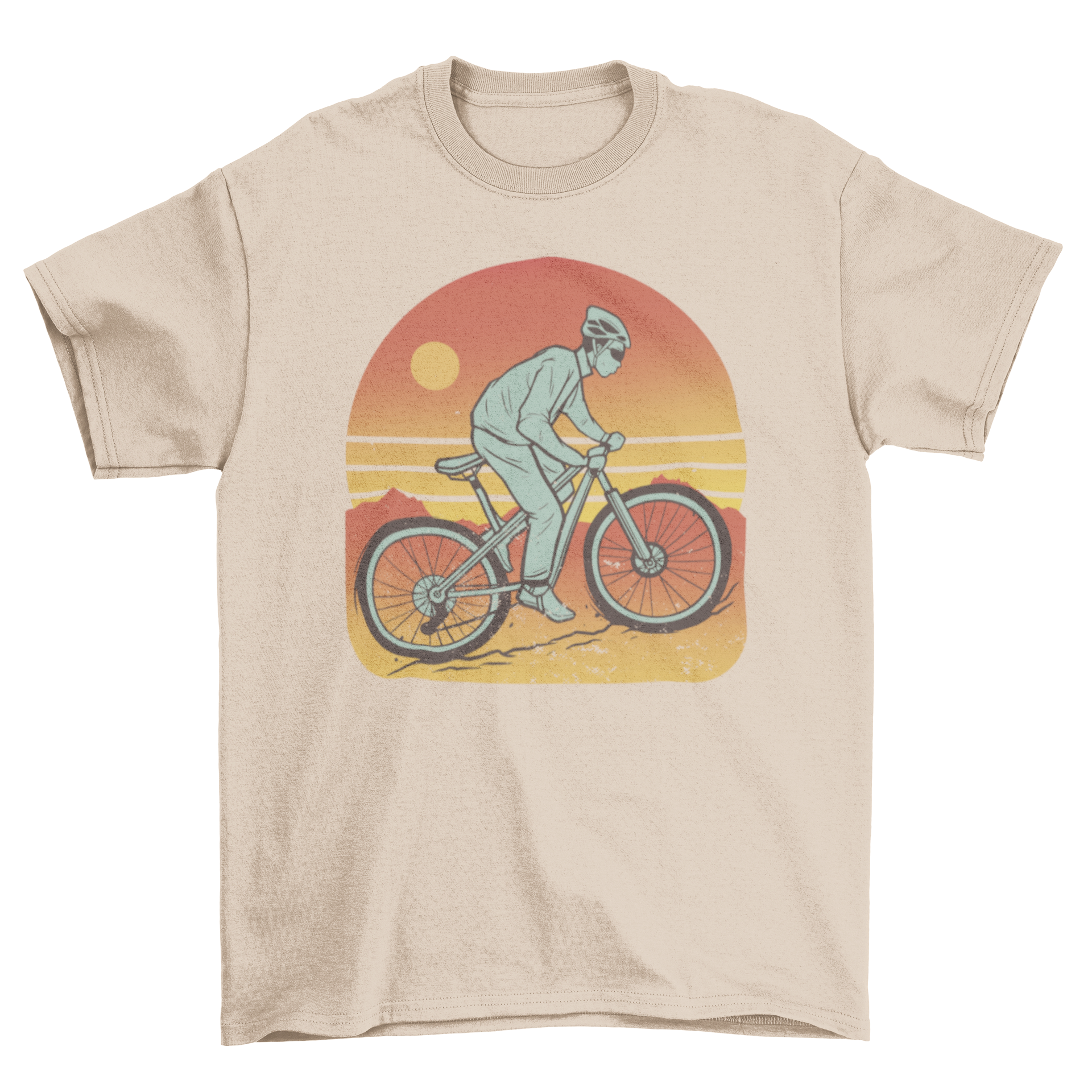 A stylish mountain bike t-shirt featuring a graphic of a man riding a mountain bike, perfect for biking enthusiasts.