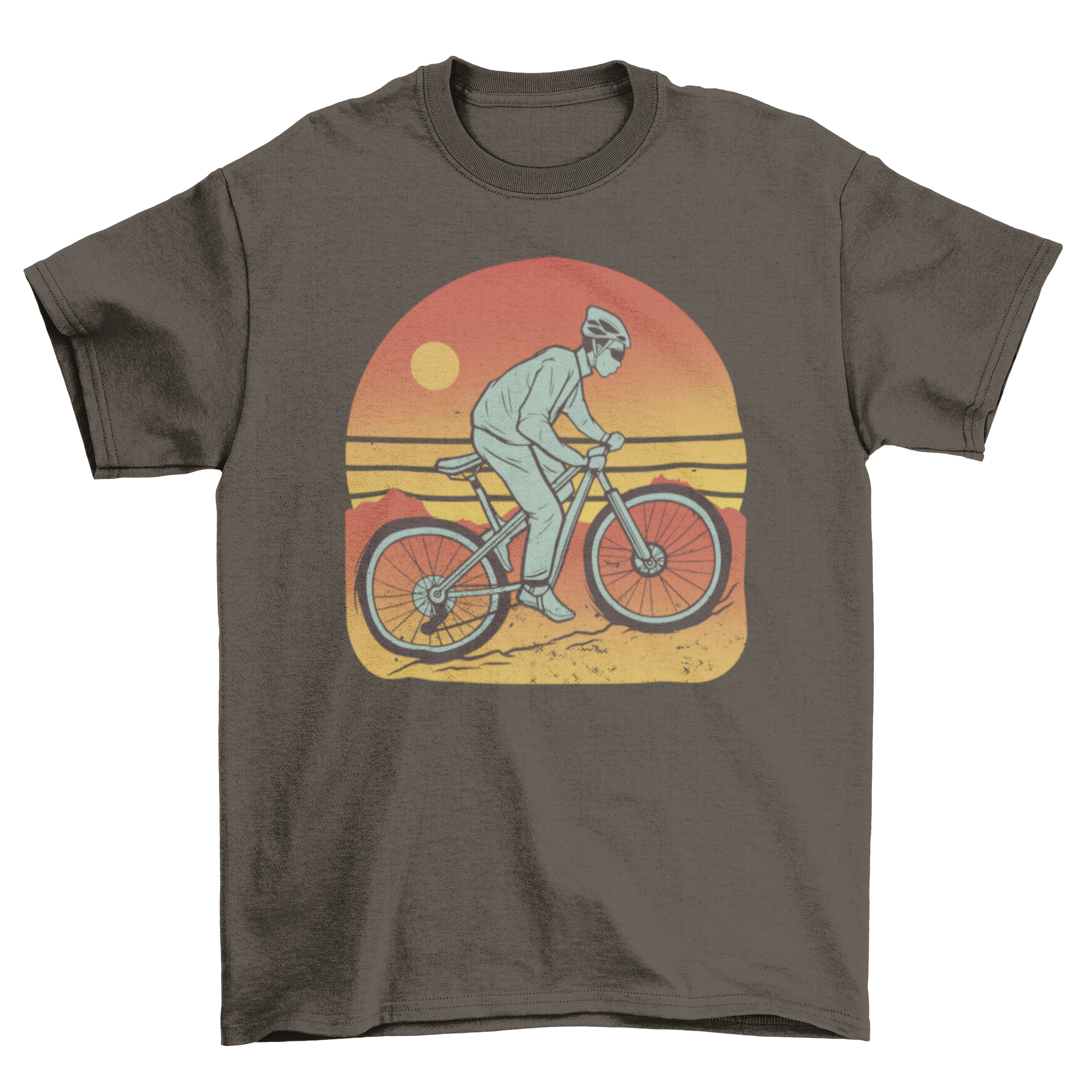 A stylish mountain bike t-shirt featuring a graphic of a man riding a mountain bike, perfect for biking enthusiasts.