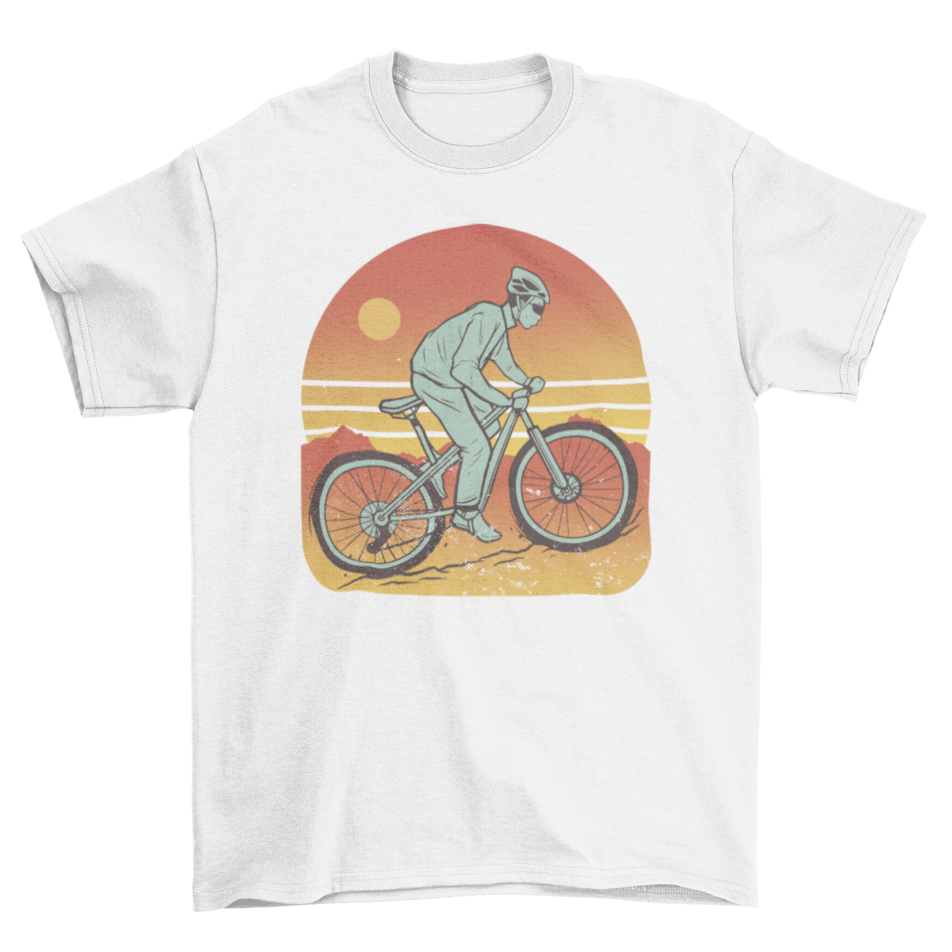 A stylish mountain bike t-shirt featuring a graphic of a man riding a mountain bike, perfect for biking enthusiasts.