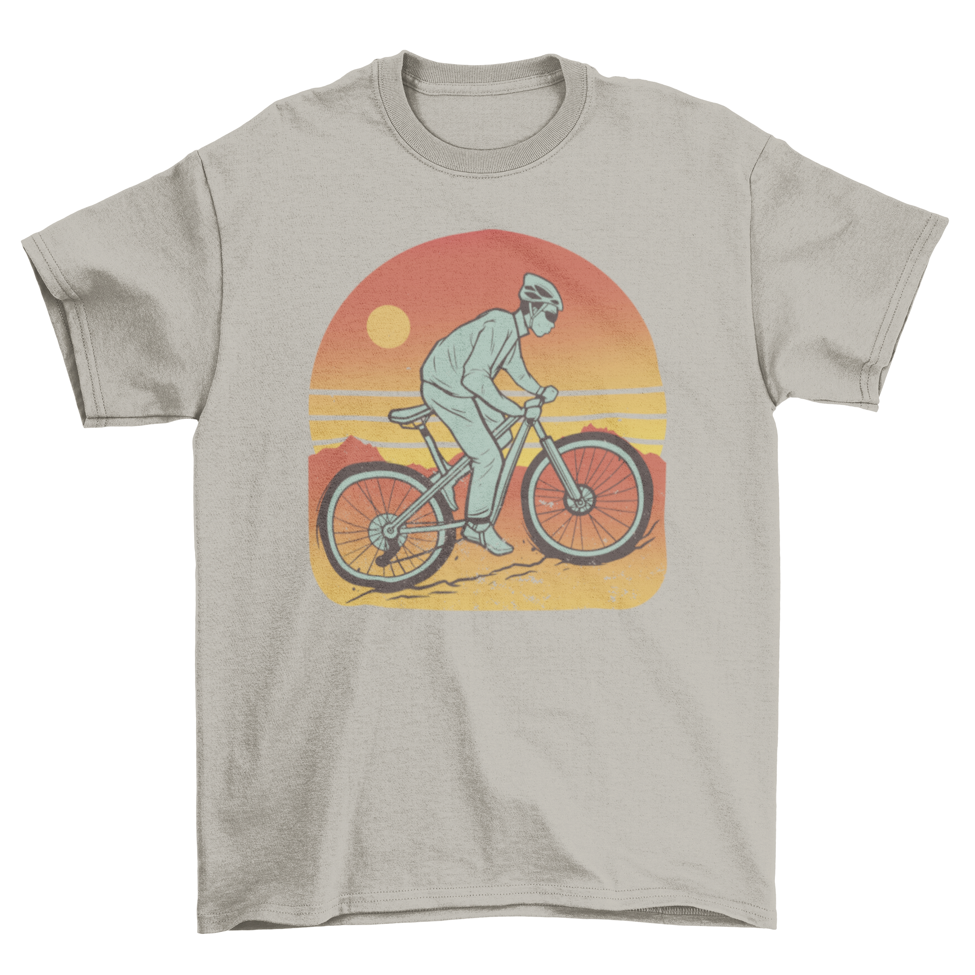 A stylish mountain bike t-shirt featuring a graphic of a man riding a mountain bike, perfect for biking enthusiasts.