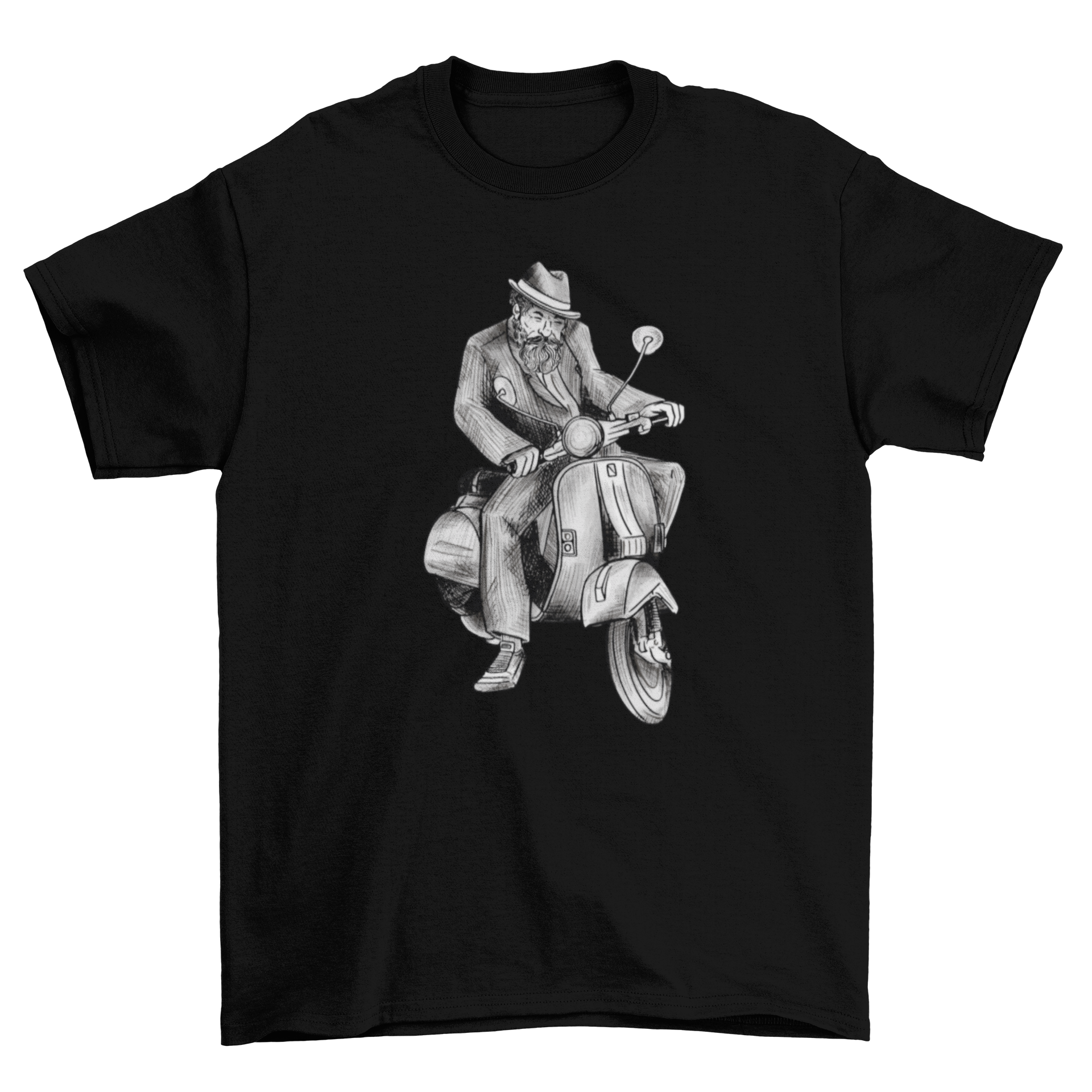 A stylish t-shirt featuring a hand-drawn illustration of a man riding a vespa, showcasing a unique and artistic design.