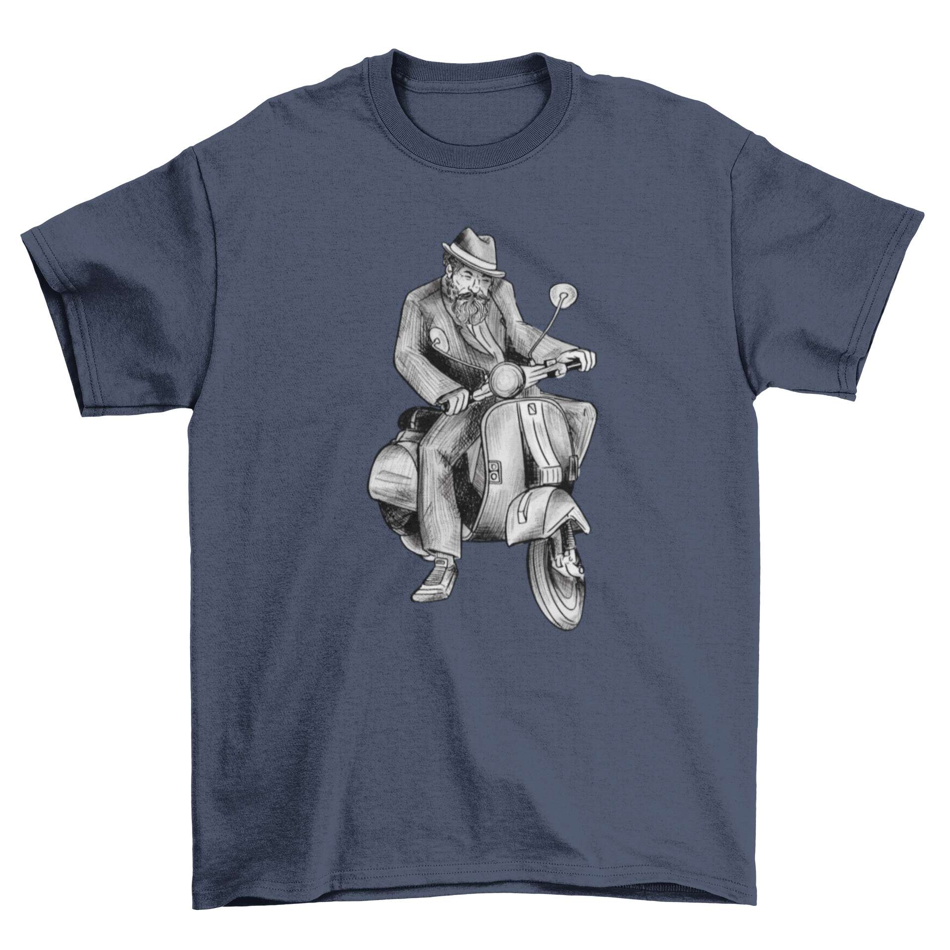 A stylish t-shirt featuring a hand-drawn illustration of a man riding a vespa, showcasing a unique and artistic design.