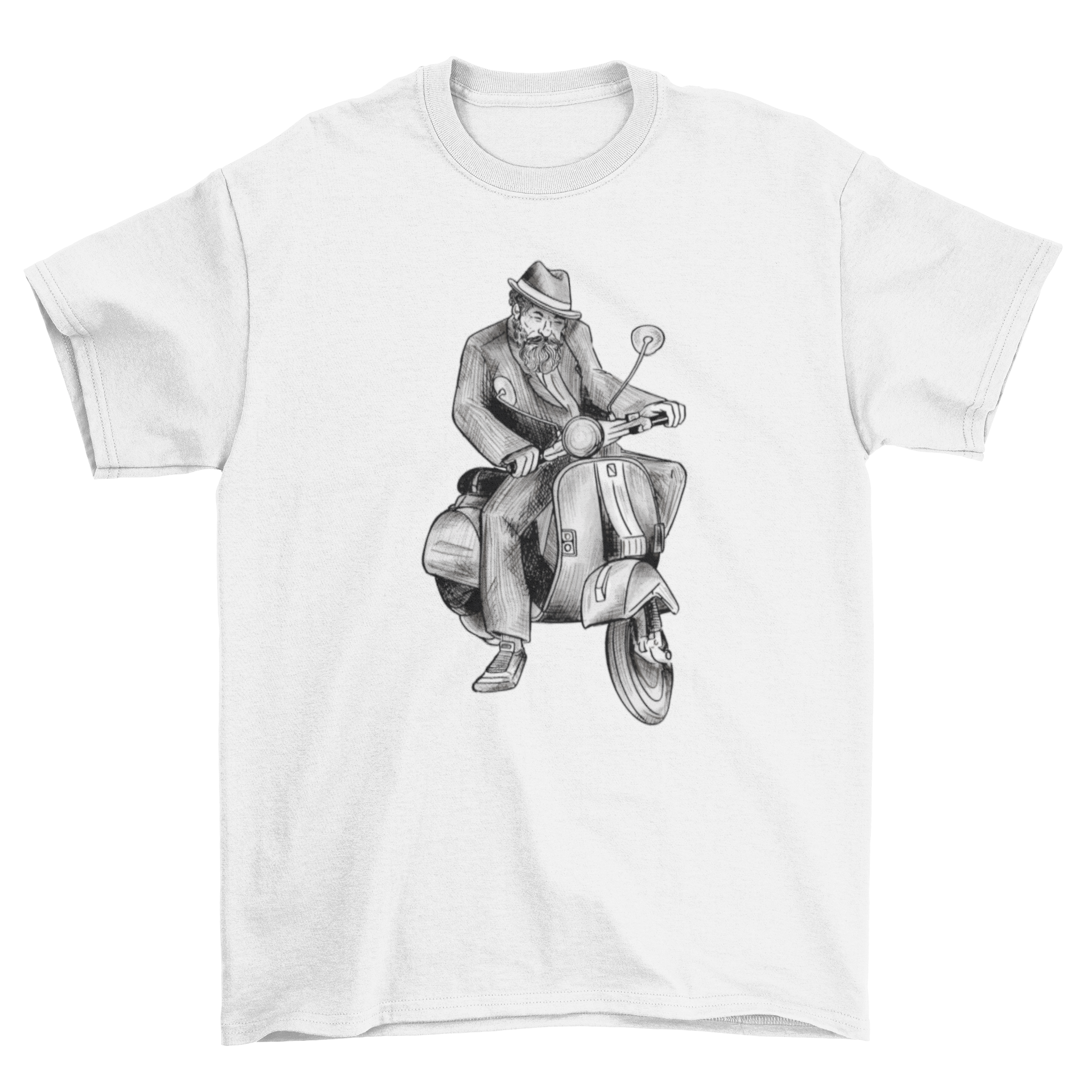 A stylish t-shirt featuring a hand-drawn illustration of a man riding a vespa, showcasing a unique and artistic design.