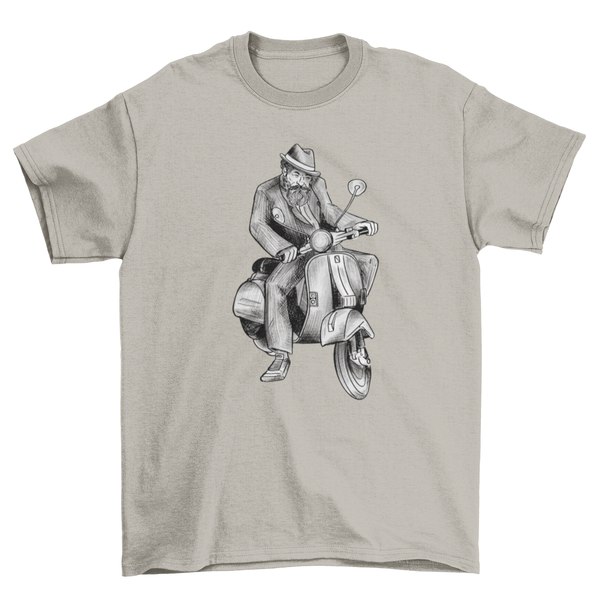 A stylish t-shirt featuring a hand-drawn illustration of a man riding a vespa, showcasing a unique and artistic design.