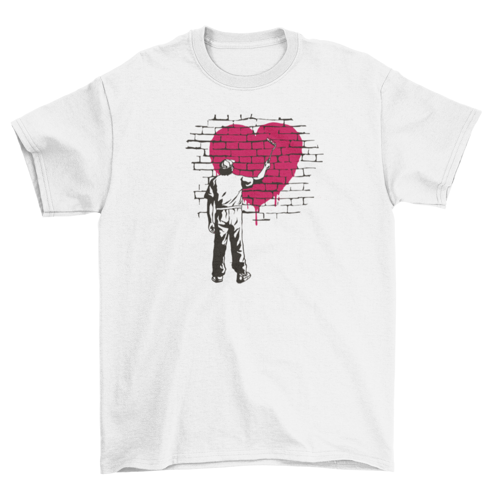 A stylish t-shirt featuring a person painting a vibrant heart on a textured brick wall, showcasing creativity and artistic expression.