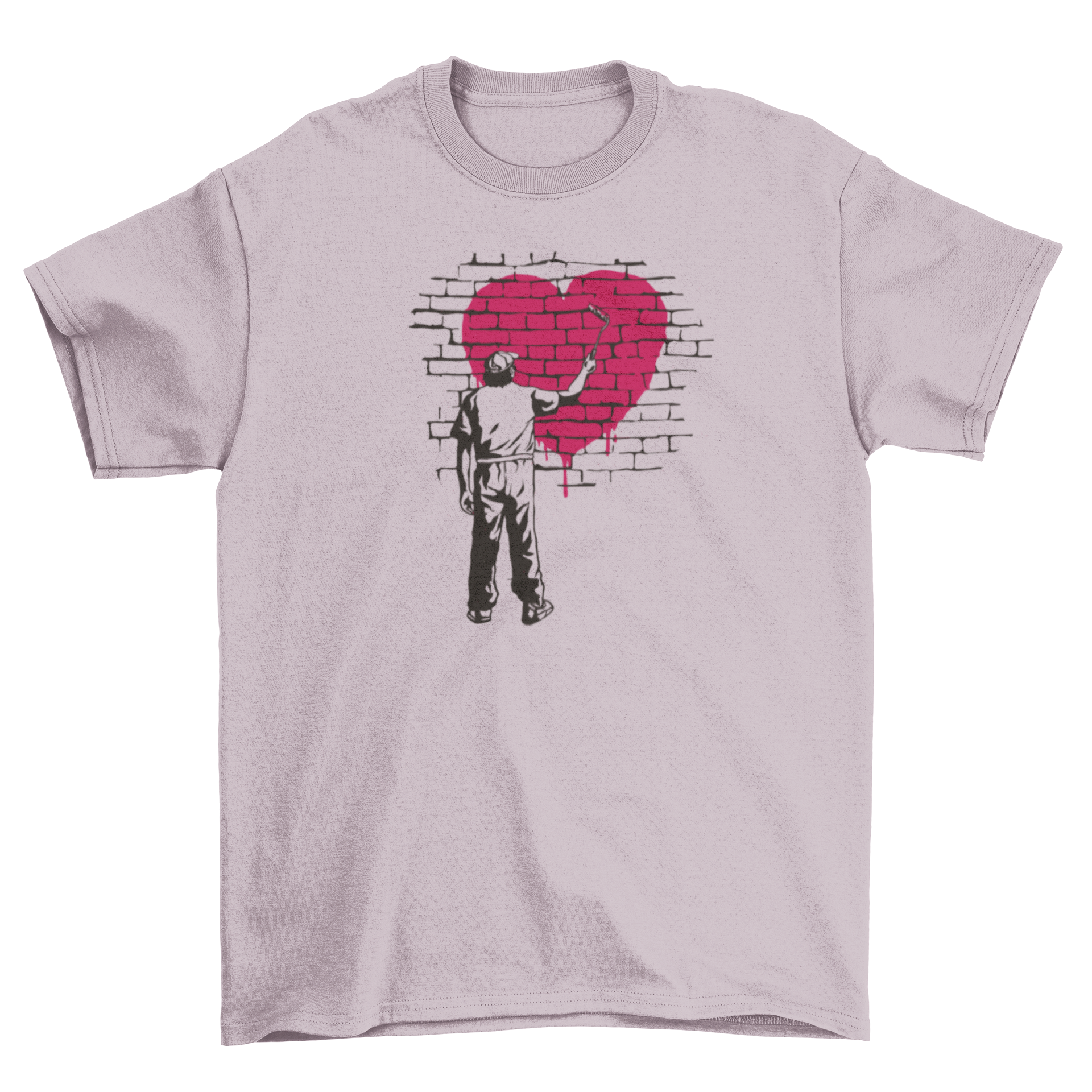 A stylish t-shirt featuring a person painting a vibrant heart on a textured brick wall, showcasing creativity and artistic expression.