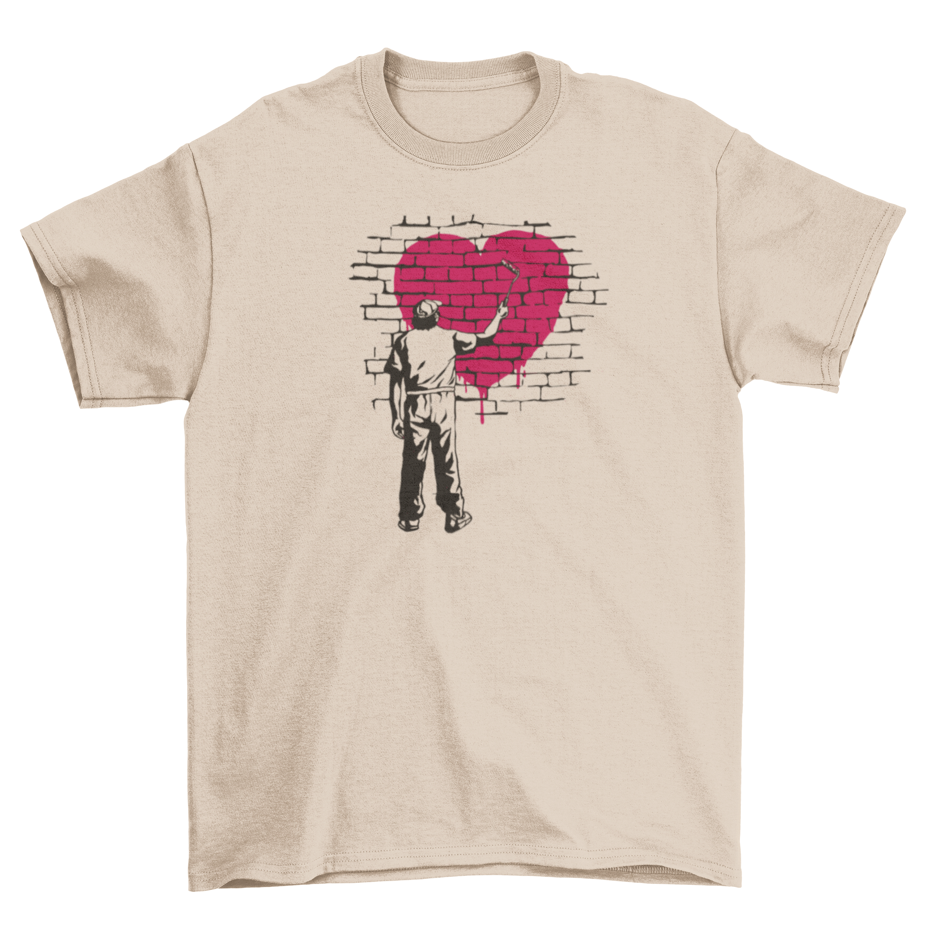 A stylish t-shirt featuring a person painting a vibrant heart on a textured brick wall, showcasing creativity and artistic expression.