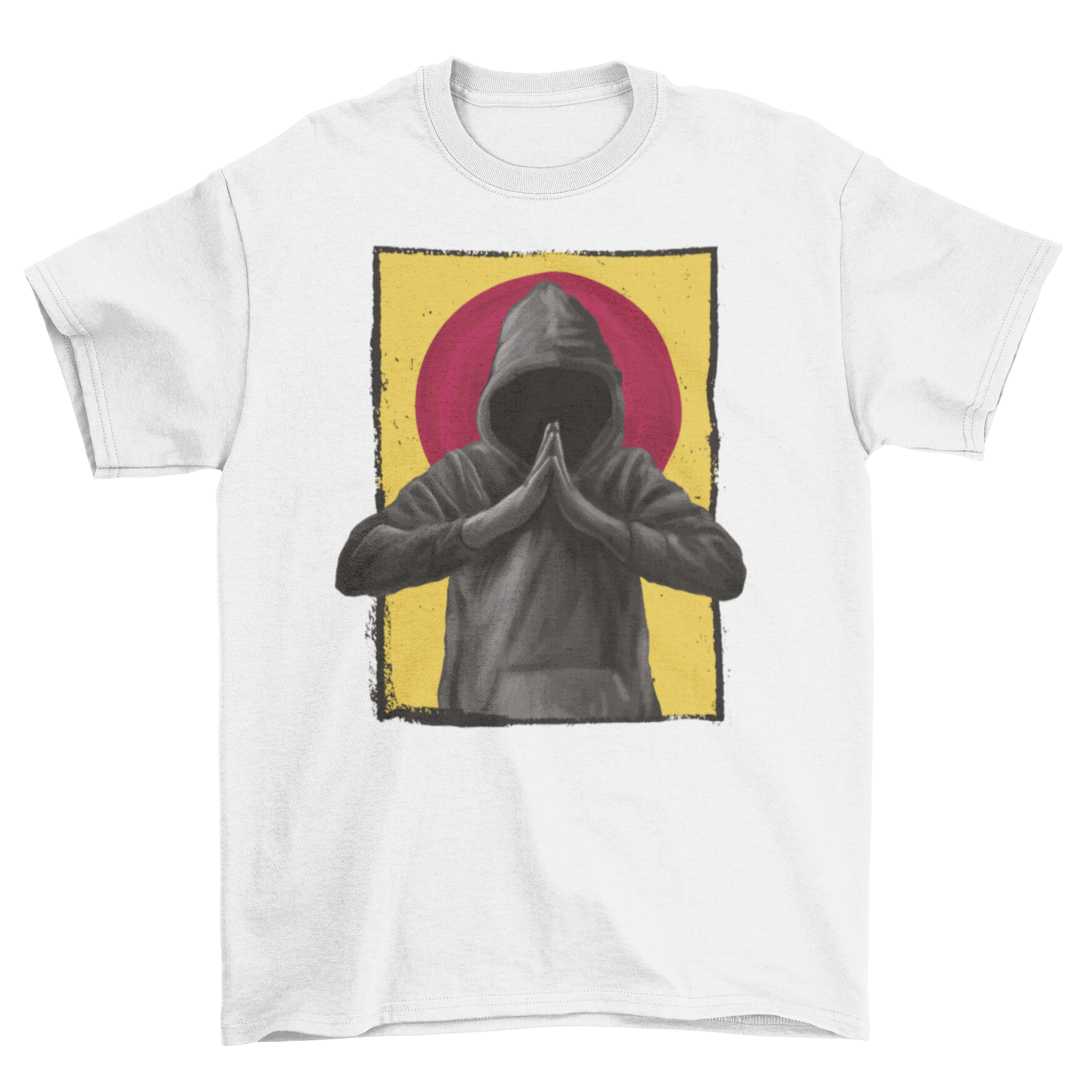 A realistic t-shirt featuring a praying man in a hood, showcasing intricate design and artistic flair.