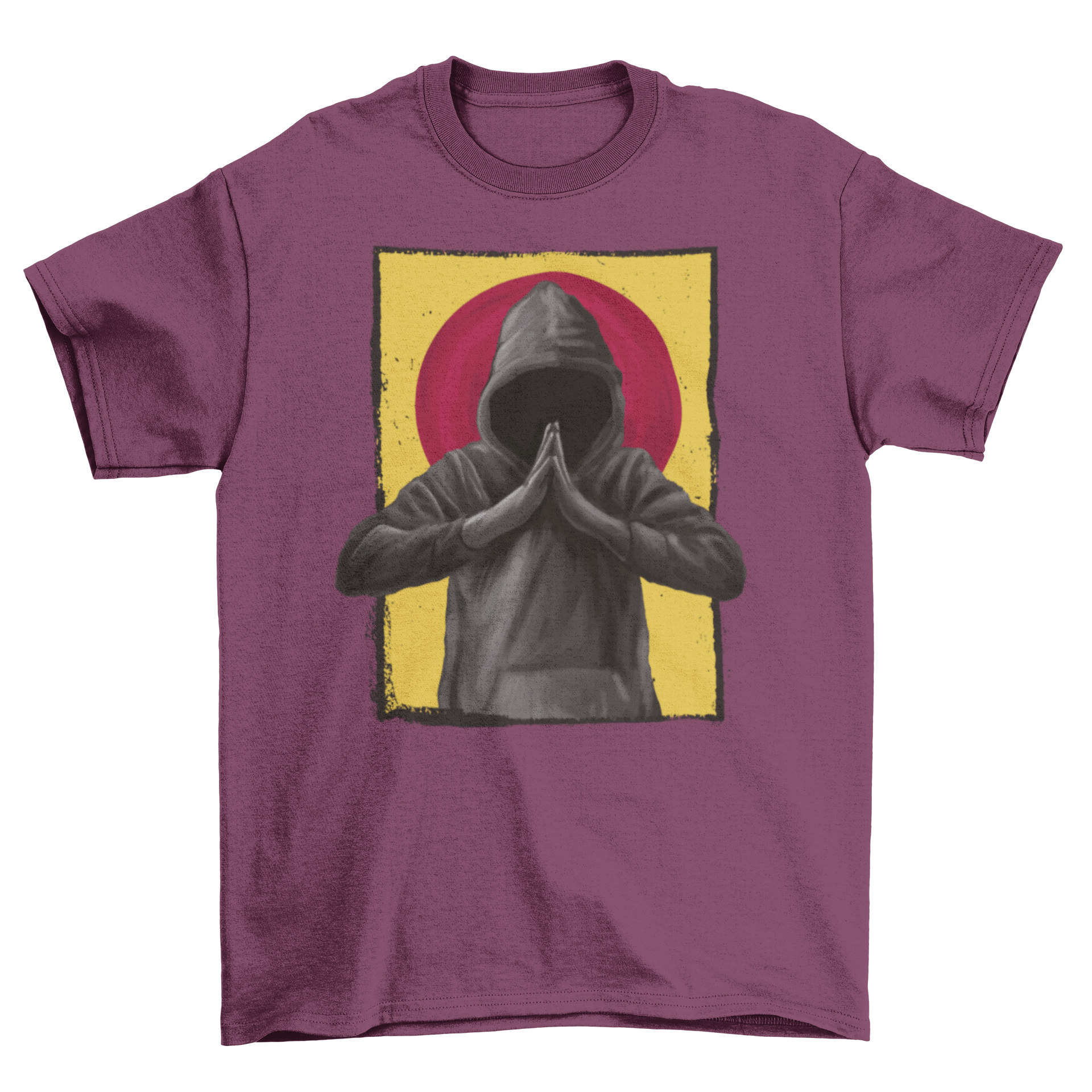 A realistic t-shirt featuring a praying man in a hood, showcasing intricate design and artistic flair.