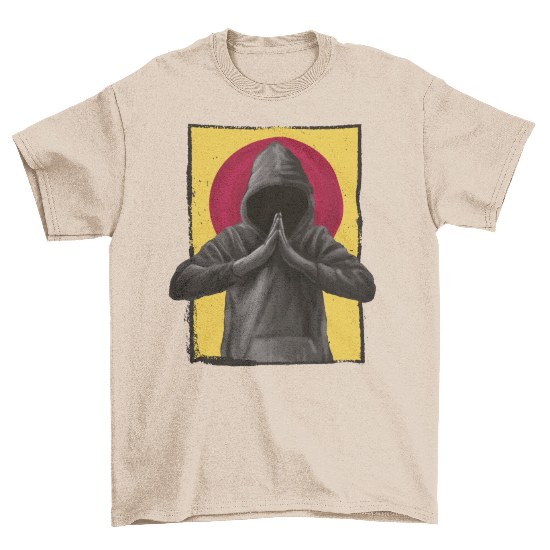 A realistic t-shirt featuring a praying man in a hood, showcasing intricate design and artistic flair.