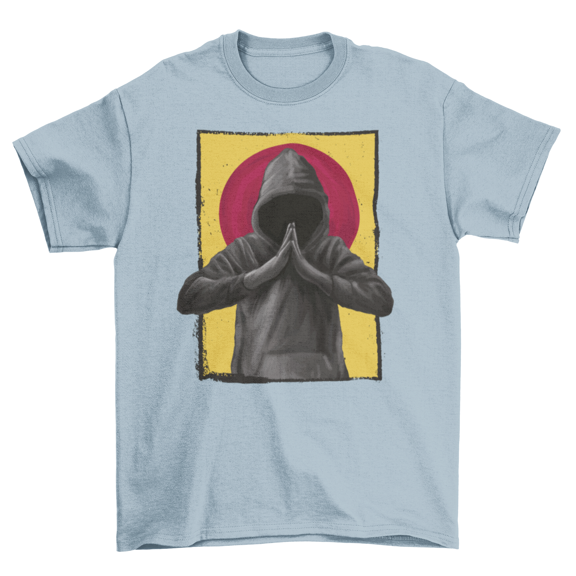 A realistic t-shirt featuring a praying man in a hood, showcasing intricate design and artistic flair.