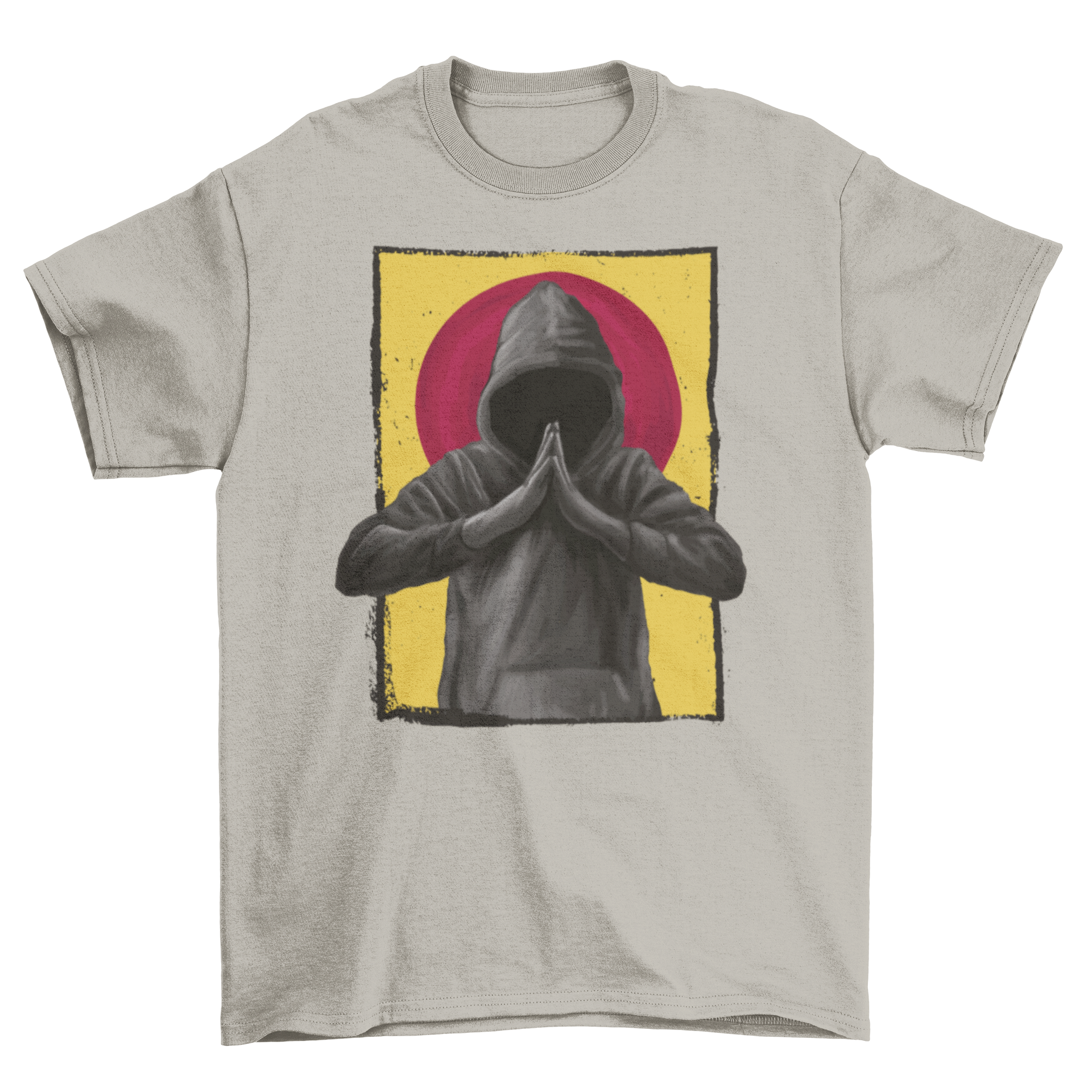 A realistic t-shirt featuring a praying man in a hood, showcasing intricate design and artistic flair.